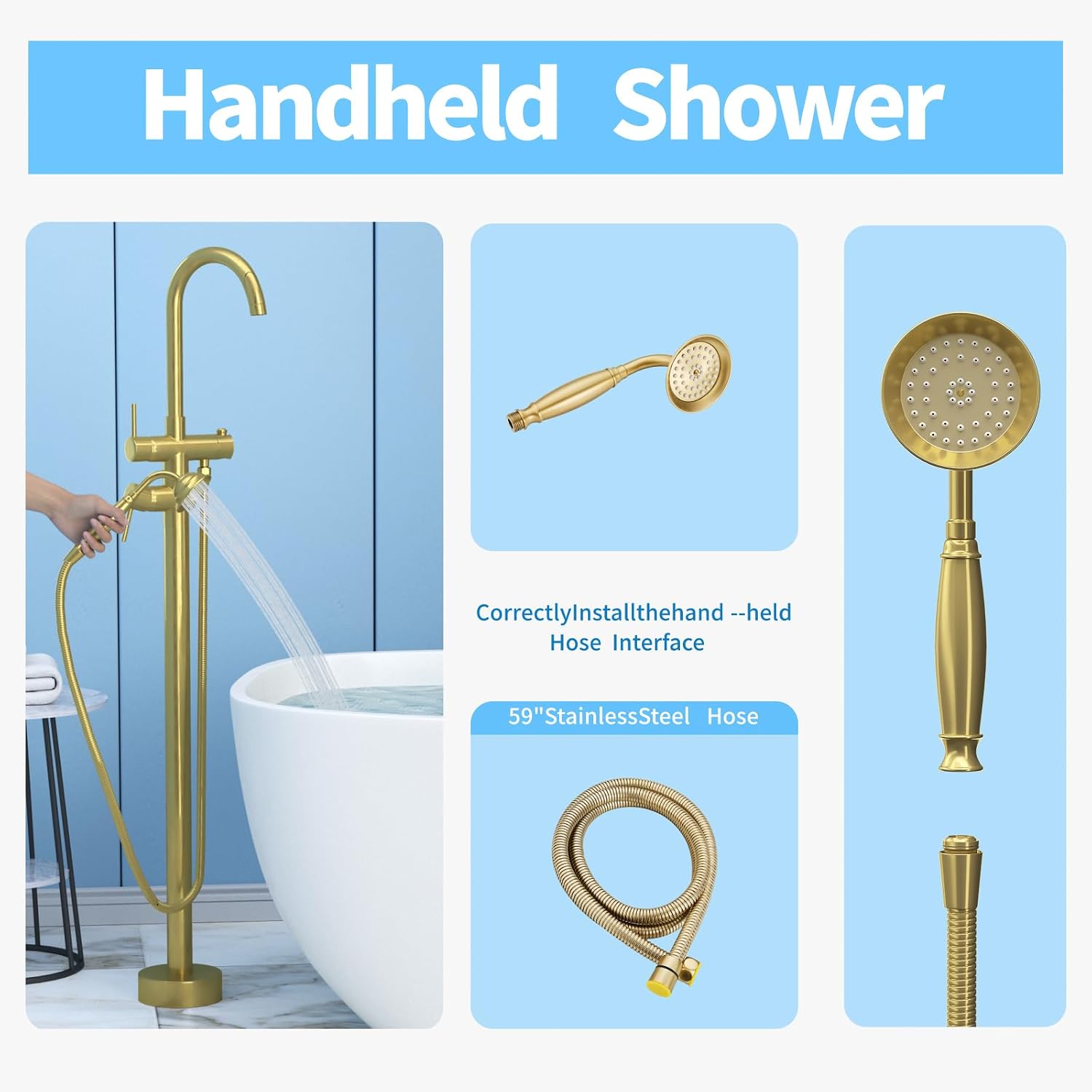 Freestanding Bathtub Faucet,Tub Filler Floor Mount Stand Bathtub Faucet Brass Bathroom Tub Faucets with 2 Function Telephone-Shape Handheld Shower Wand Swivel Brushed Gold