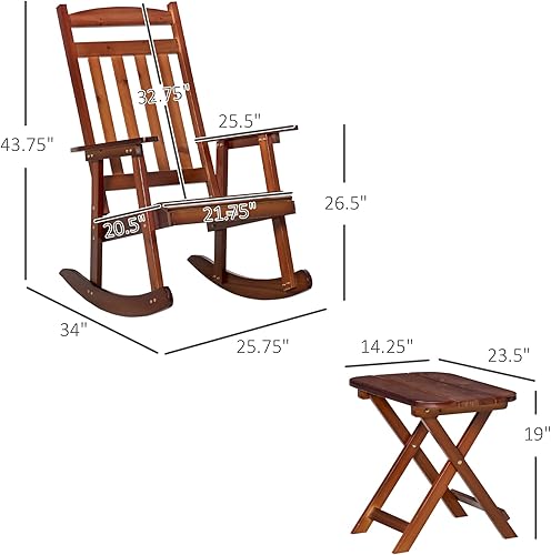 Miniatura 3 de Outsunny Juego de 2 sillas mecedoras de madera para patio, con reposabrazos y respaldo alto y mesa auxiliar portátil, para interiores, exteriores,