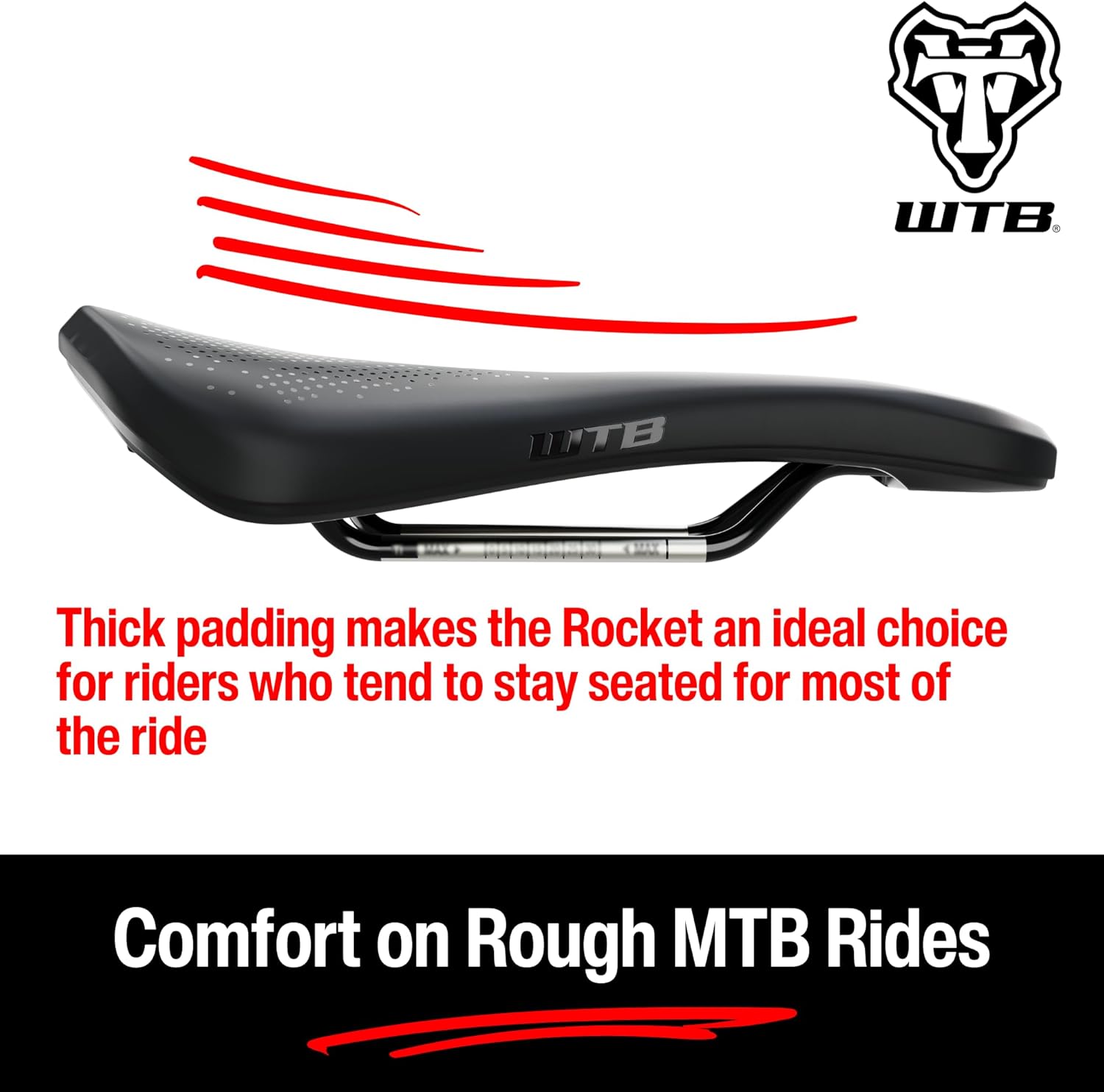 WTB Rocket Mountain Bike Seat (Saddle) - Fusion Form Base - Thick Padding - Handle for Lifting E-Bikes (4 Rail Options)