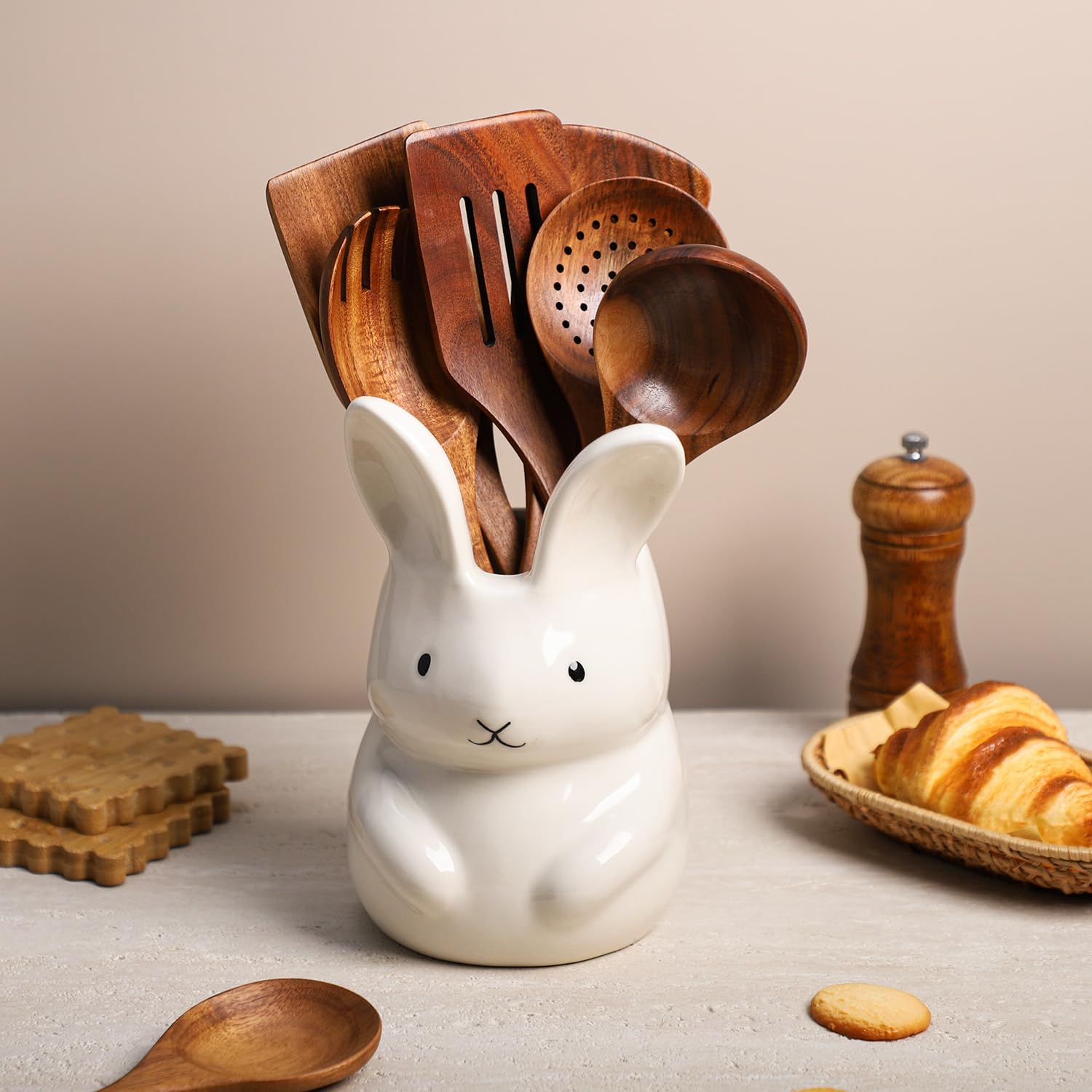 SOCOSY Ceramic Rabbit Kitchen Utensil Holder For Countertop Large Cooking Utensil Crock Holder Spatula Holder, Pure White