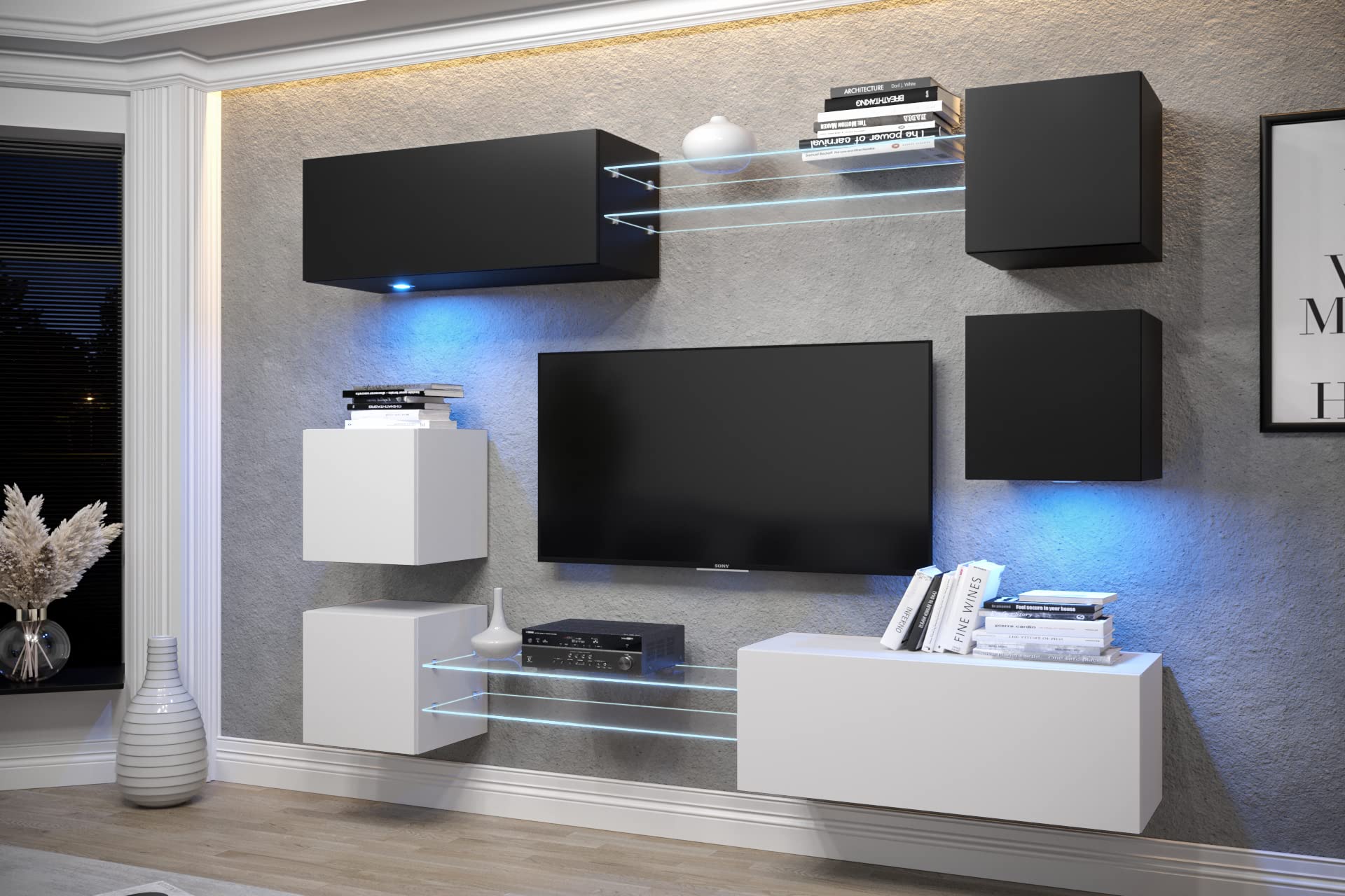 Furnitech Wohnwand Wohnzimmer | Hängend Wohnwand Modern | Wohnzimmer Schrankwand mit Regale und TV Schrank | Wohnzimmer Möbel ohne LED (AN65N-21BW-M7)