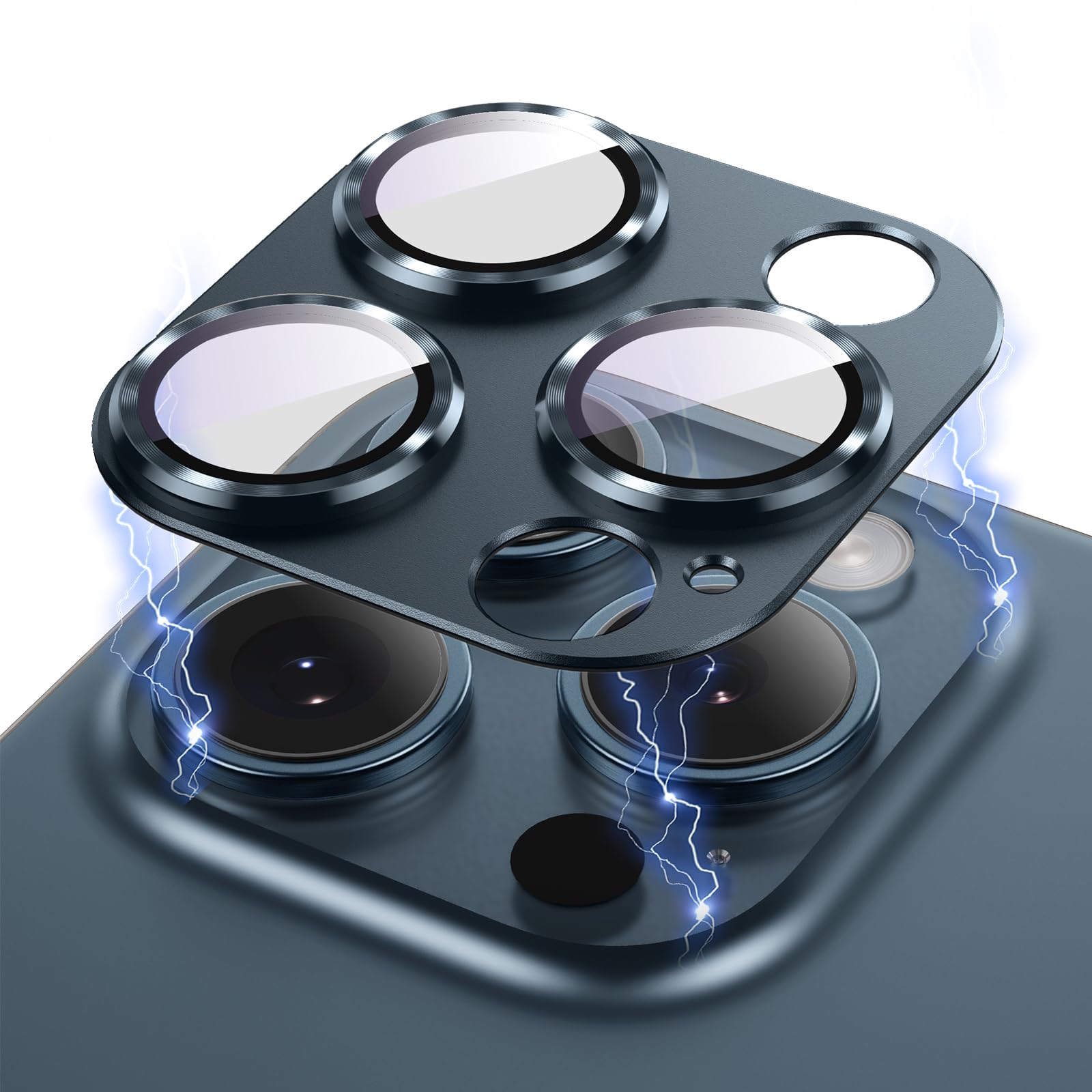 AFARER 2025 Camera Lens Protector for iPhone 15 Pro/iPhone 15 Pro Max, Upgraded 3D Metal Anti-Scratch Camera Cover with 9H Tempered Glass Screen Protector, Lens Cover Film Strong Adsorption -Blue