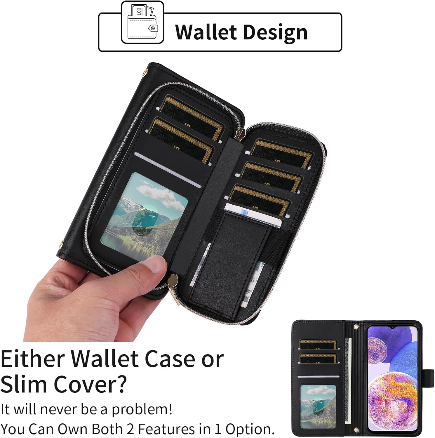 Wallet Case for Samsung Galaxy A23 5G/4G with Detachable Wrist Strap, 9+ Card Slots Zipper Purse, Luxury PU Leather Stand Full Body Accessories Cell Phone Cover for A 23 23A 6.6 Women Black