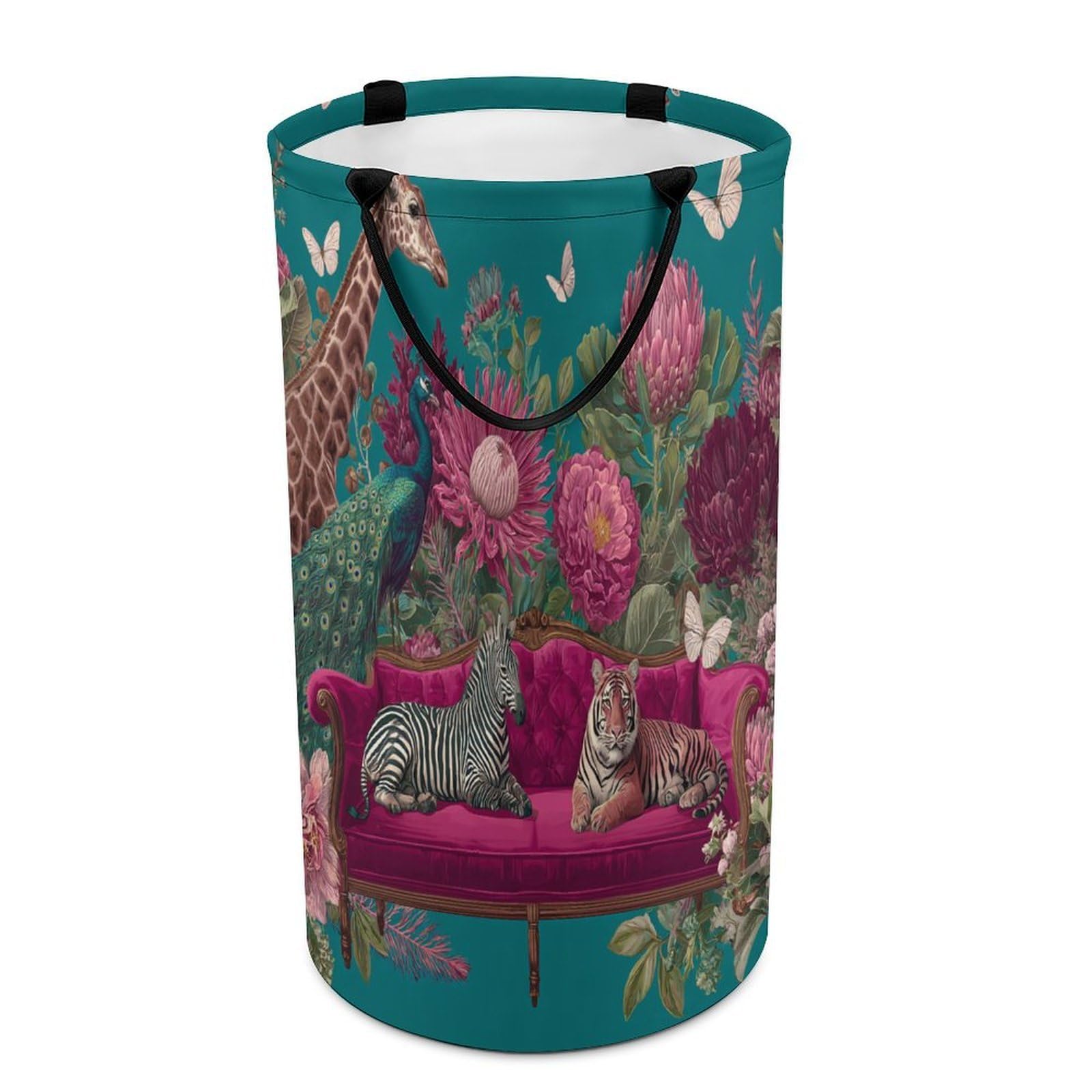 LUYYSKY Classic Rustic Tiger Giraffe Versatile Storage Laundry Basket, Retro Oil Painting Tropical Animal Zebra Peacock Butterflies Floral Large Bathroom Hamper With Handle-40 CM Dia, 69 CM High