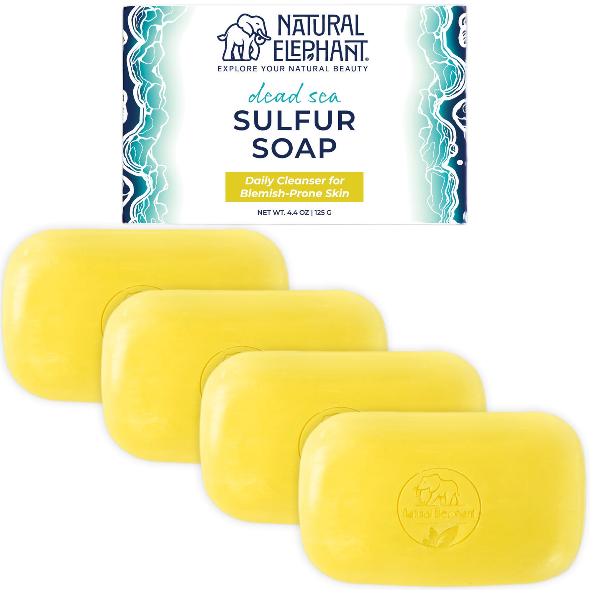 Natural Elephant Dead Sea Sulfur Soap 4.4 oz with Dead Sea Salt, Aloe Vera, Sulphur Face and Body Cleanser for All Skin Types (4 Pack (17.6 oz Total))