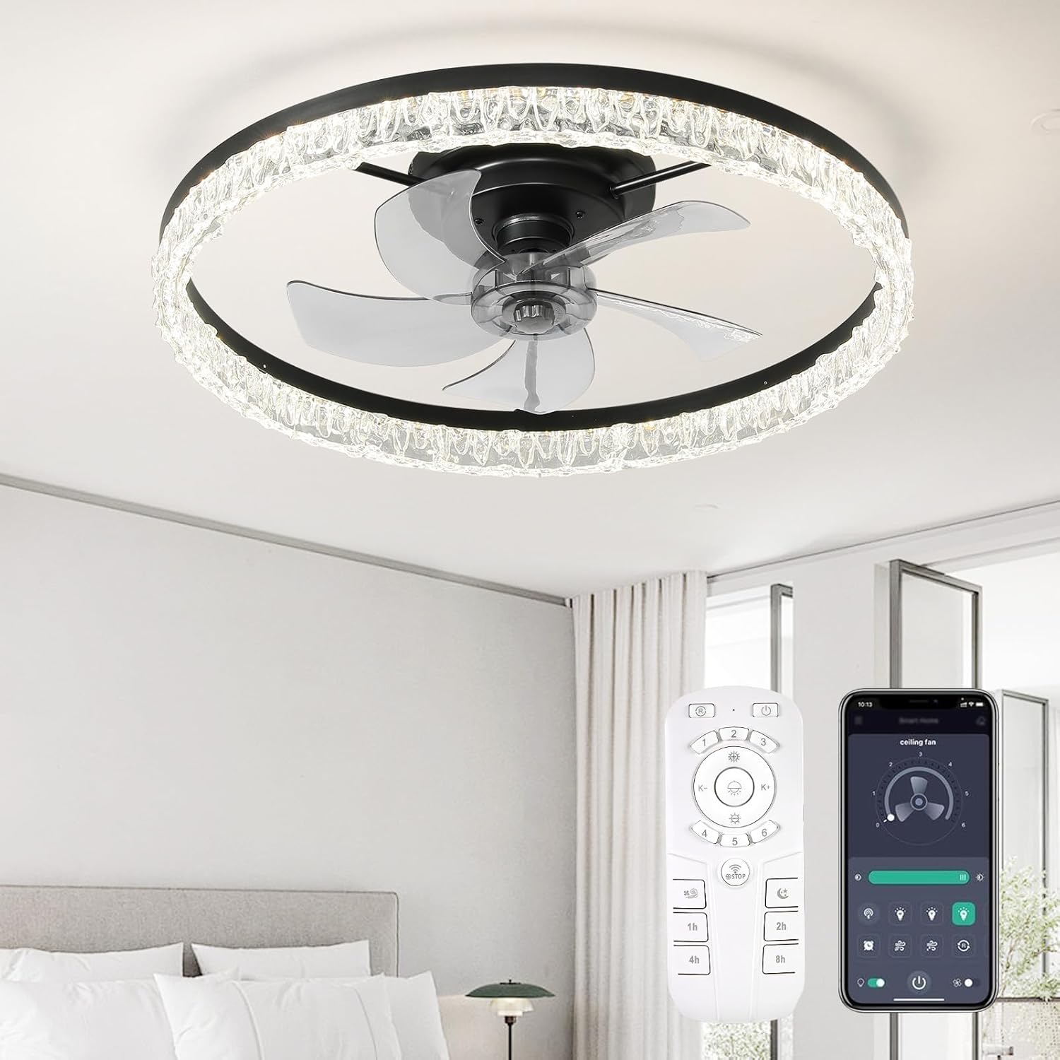Ceiling Fans with Lights, 24 Inch Ceiling Fan with Light and Remote, Low Profile Reversible Fandelier Ceiling Fan, Dimmable LED, Flush Mount, Low Noise DC Motor, for Bedroom, Kitchen, Office Black 24 inch