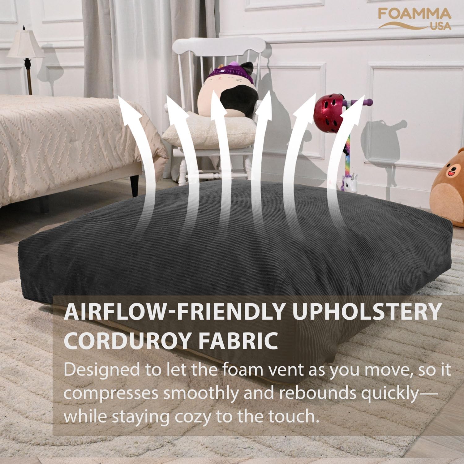 Foamma Crash Pad – (48’’ X 48’’) (4 Ft X 4 Ft) Charcoal Corduroy Fabric – Sensory Crash Pad with Foam Blocks for Autistic Kids, Soft & Washable Cover – Ideal for Kids & Adults to Jump, Play, or Relax