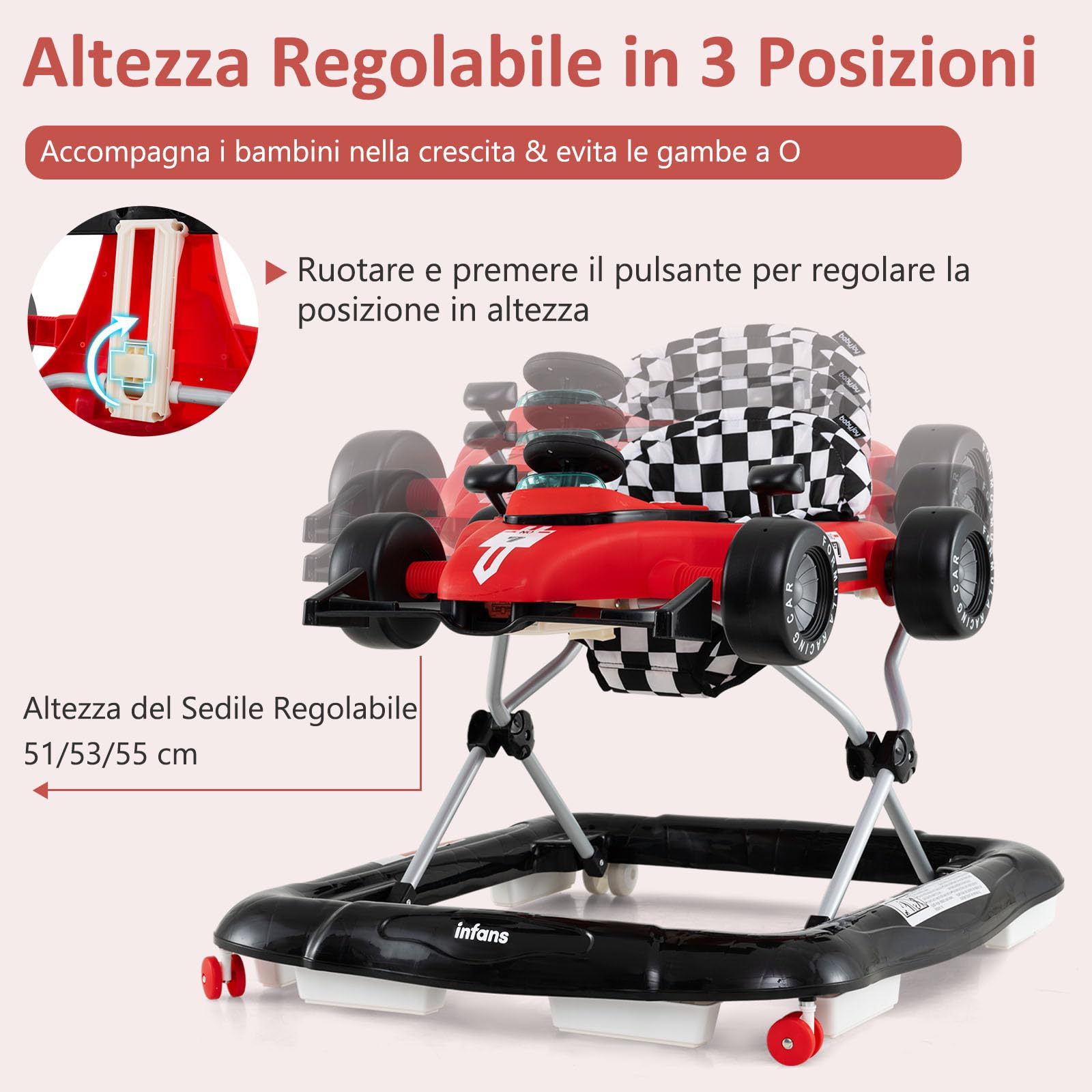 RELAX4LIFE 4 in 1 Girello a Spinta Primo Passo per Bambini da 6 a 18 Mesi con Luci e Suoni, Velocità e Altezza Regolabili, Portata 12 kg, 64x73x50,5/55,5 cm (Modello 2-Rosso) (ROSSO)
