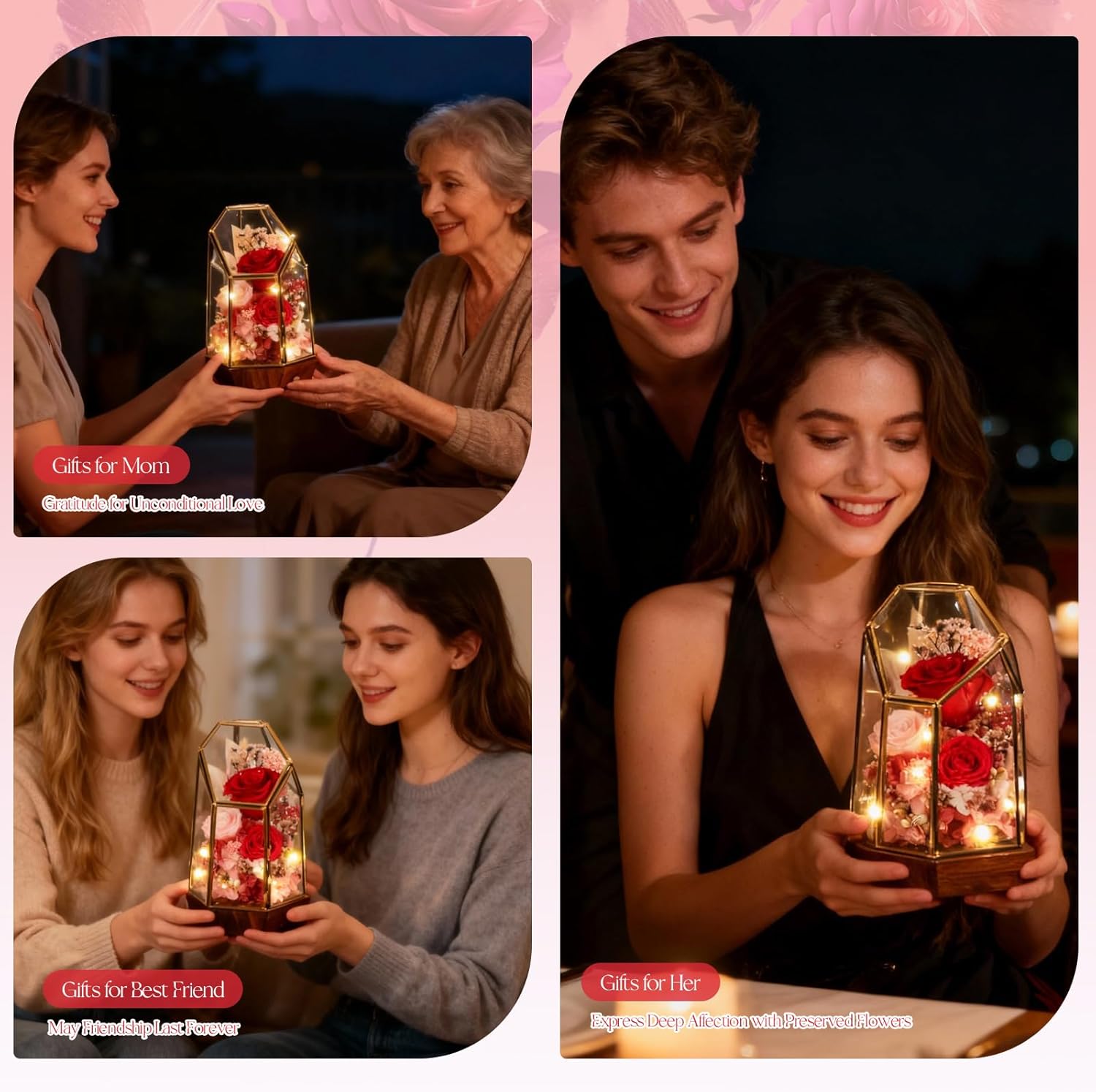 Valentines Day Flowers Gifts for Her,Forever Real Preserved Roses in Glass Dome,Valentines Roses Gifts for Wife Women Best Friend Girlfriend/Pink Rose - Image 6