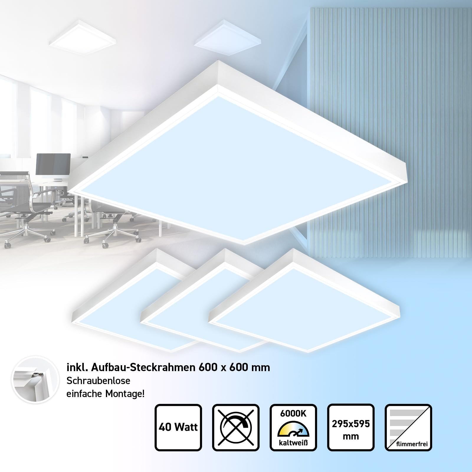 4x LED Panel 60x60cm Tageslichtweiß 6000K 40W Steck-Aufbaurahmen | 3400 Lumen Aluminium Deckenmontage Set