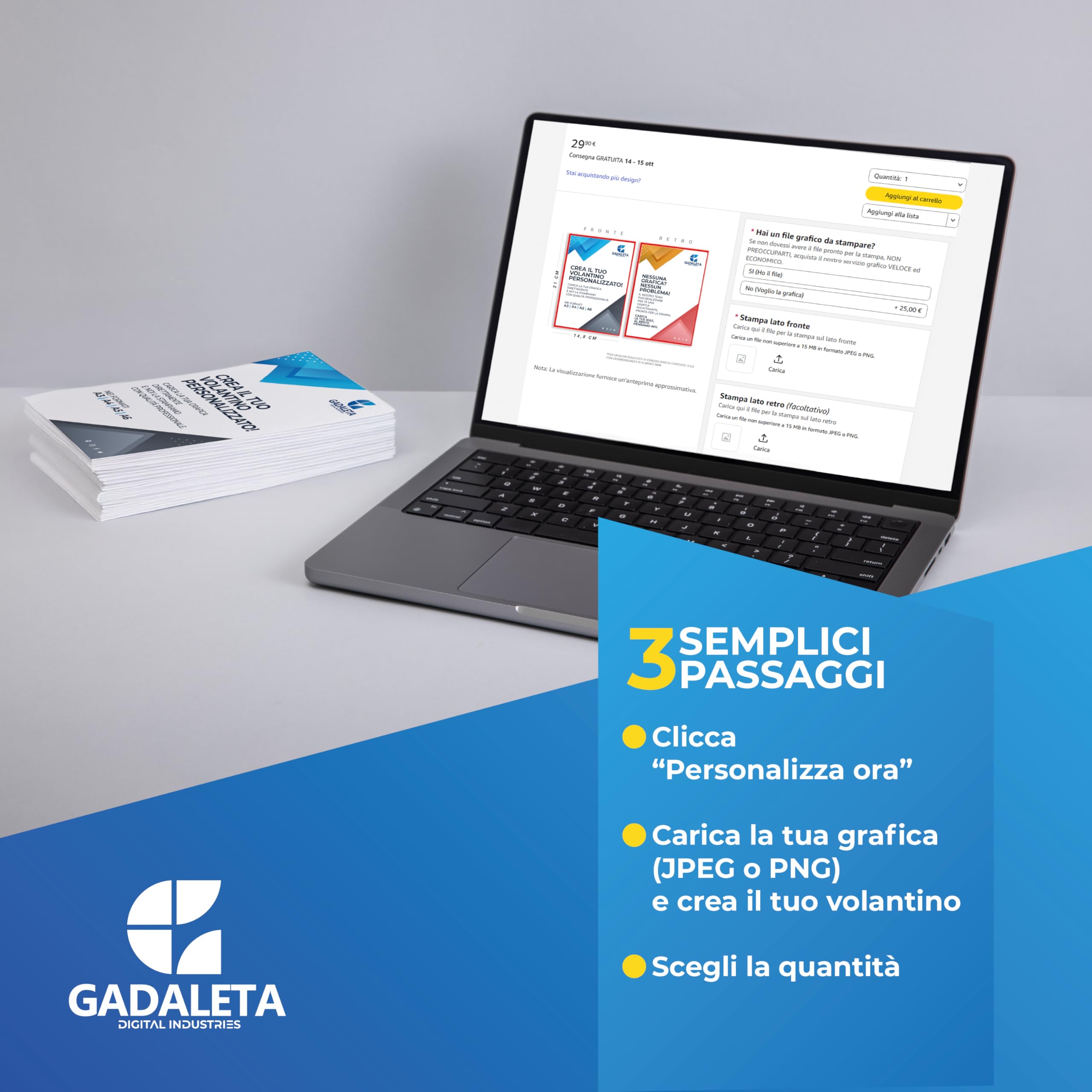 Gadaleta Digital Industries - Volantini Pubblicitari Personalizzati - Flyer Professionali in Carta Patinata 115g - Stampa Fronte/Retro - Ideali per Eventi e Promozioni - Formato A4 (210 x 297 mm)