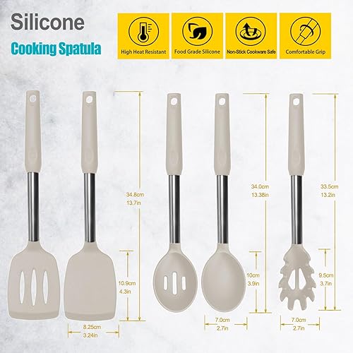 Miniatura 2 de Espátula de silicona y cuchara de cocina, paquete de 5 utensilios de cocina antiadherentes para la cocina, espátulas y cucharas sólidas y ranuradas