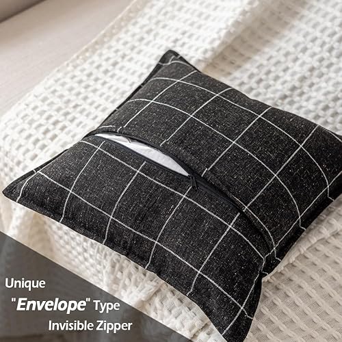 Miniatura 3 de Juego de 2 fundas de almohada bohemias a cuadros en blanco y negro de 20 x 20 pulgadas, funda de almohada tejida de lino decorativa de granja de 20