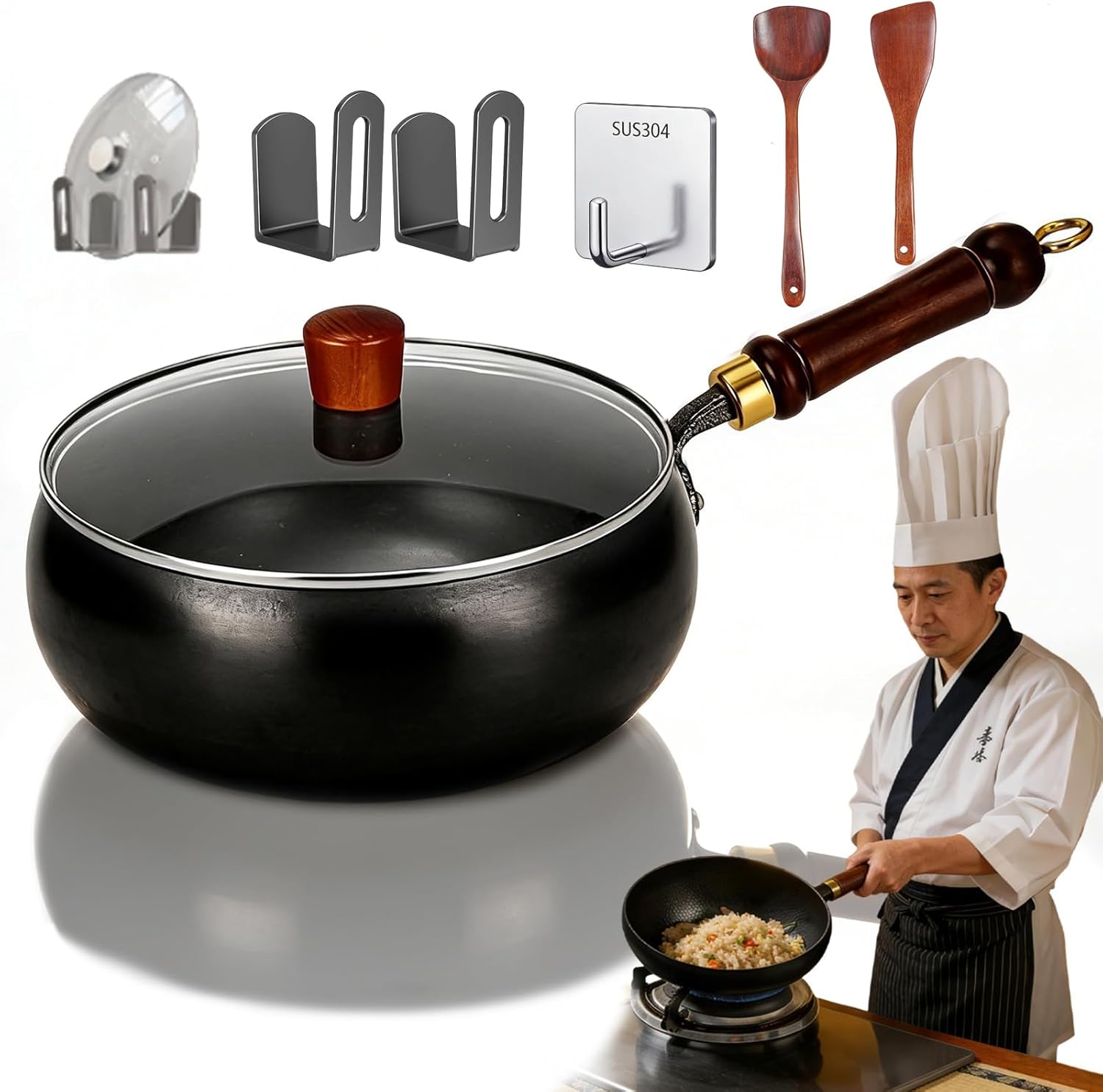 Japanese Forged Iron Cookware, Uncoated Non-Stick Pot with Handmade Ergonomic Wooden Handle & Lid, Pure Hand-Forged Durability, Ideal for Healthy Stir Frying, Searing, & All Stoves (11.02in+Glass lid)