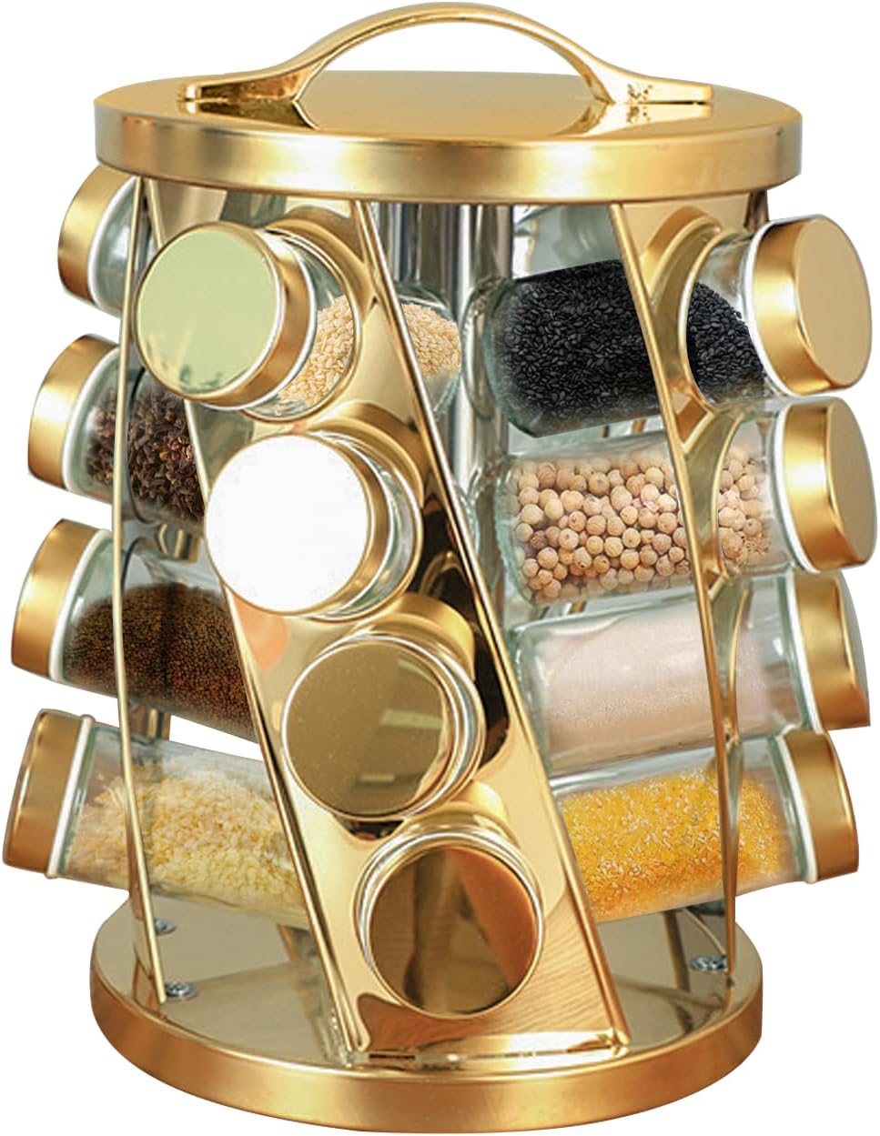 TINMIX Portable Stainless Steel Spice Rack with 16 Spice Jars Included Revolving Spice Organizer for Kitchen Tower Storage Rack for Spices and Seasoning Gold