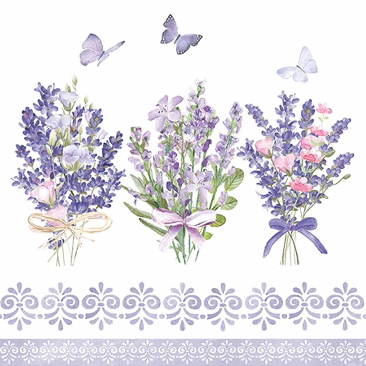 Lovely Lavender Bouquet Lot de 40 serviettes de table 3 plis, motif floral violet et papillon, 16,5 x 16,5 cm