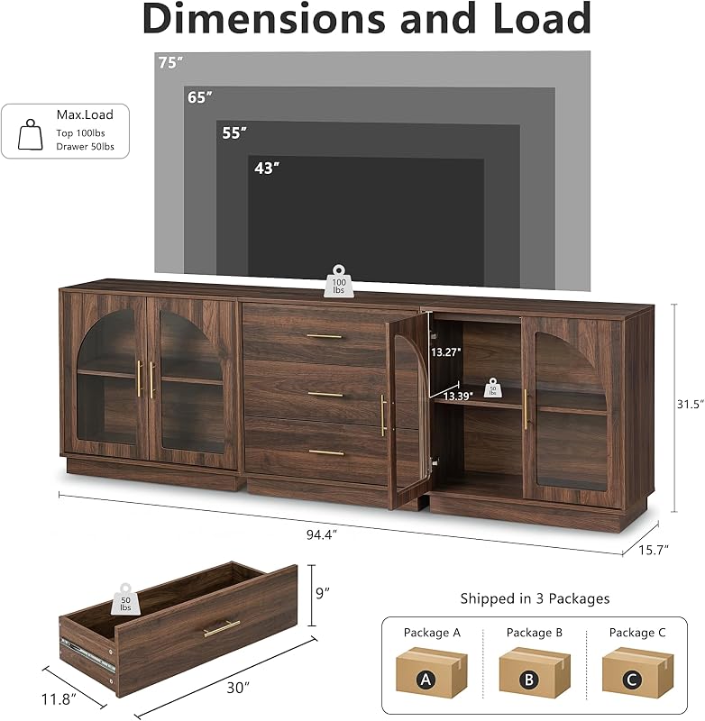 FORTUNETEC 94.4" Mid Century Modern TV Stand for 75 Inch TV,3 Pieces Walnut image 2