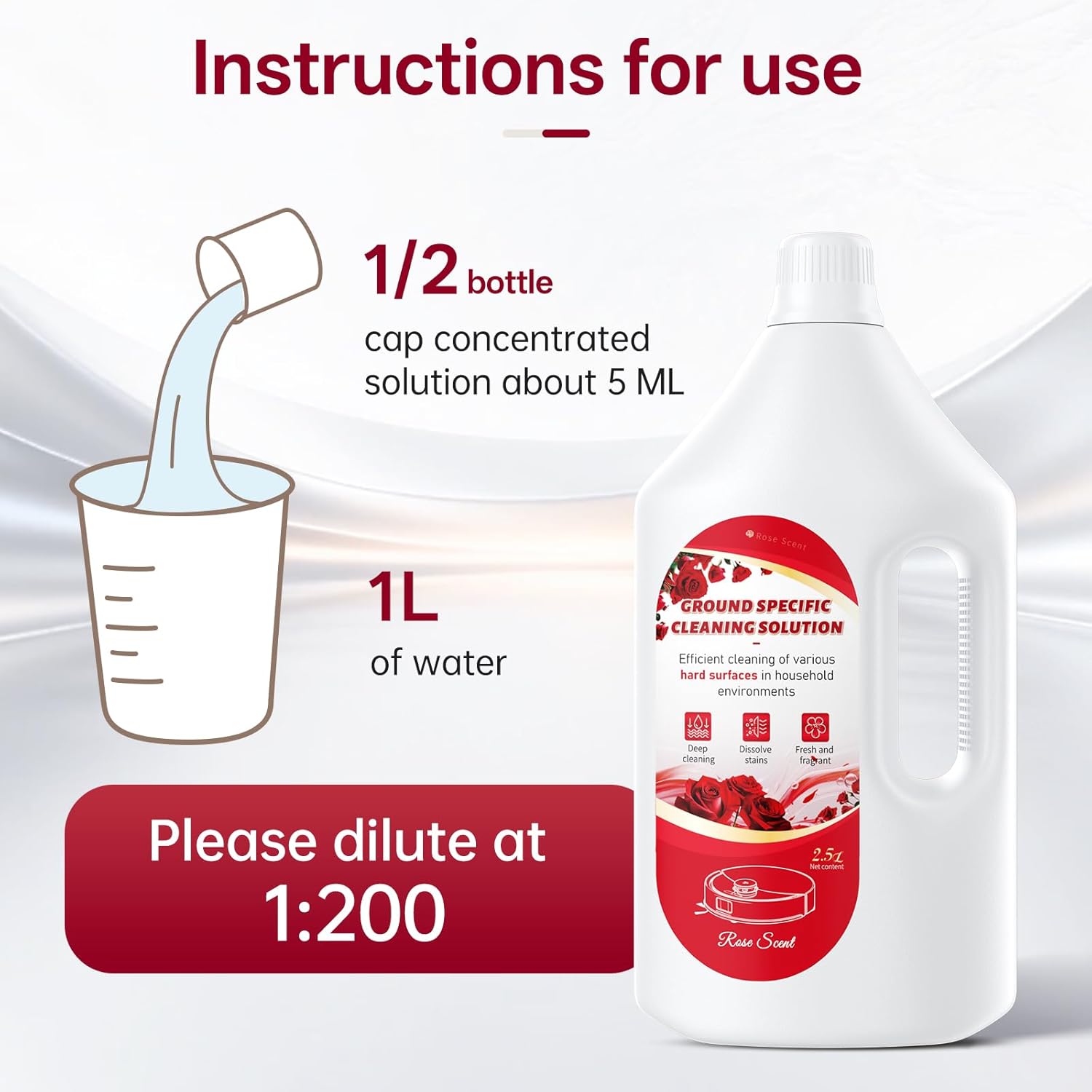 2.5L Floor Cleaning Solution Compatible with Roborock/Eufy/iRobot/Ecovacs/Dreame/Shark, Fragrance Deodorization, Deep Cleans for Multiple Hard Floors (2.5 Liter, 【Rose】)