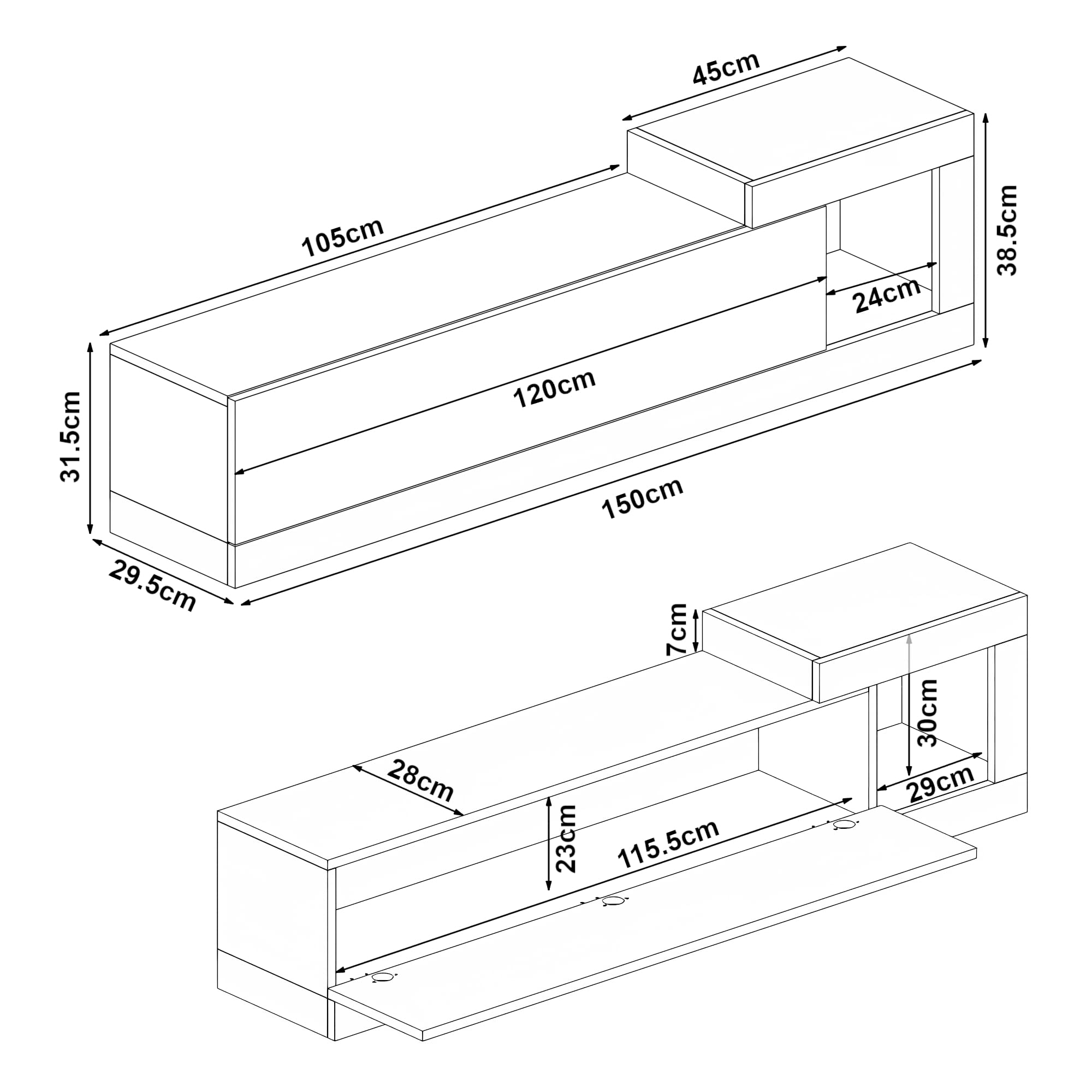 [en.casa] Mobile TV Sospeso 150 x 29,5 x 38,5 cm Mobile Porta TV a Parete Supporto TV a Muro con Anta a Ribalta e Scomparto Laterale Aperto - Effetto Rovere/Antracite