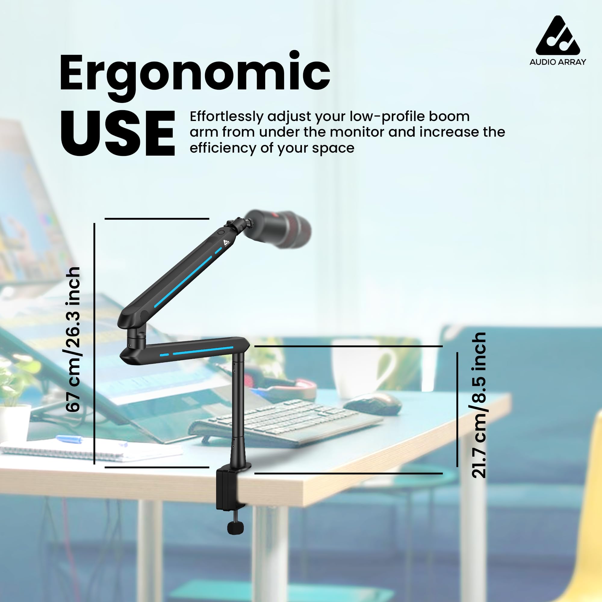 Audio Array AA-19BL RGB Low Profile Boomarm Stand with Riser | 71cm reach & 20 RGB lighting effects & Built-In Cable Management | Matte finish with Flexible adjustments | 2Kg Weight Capacity | Black
