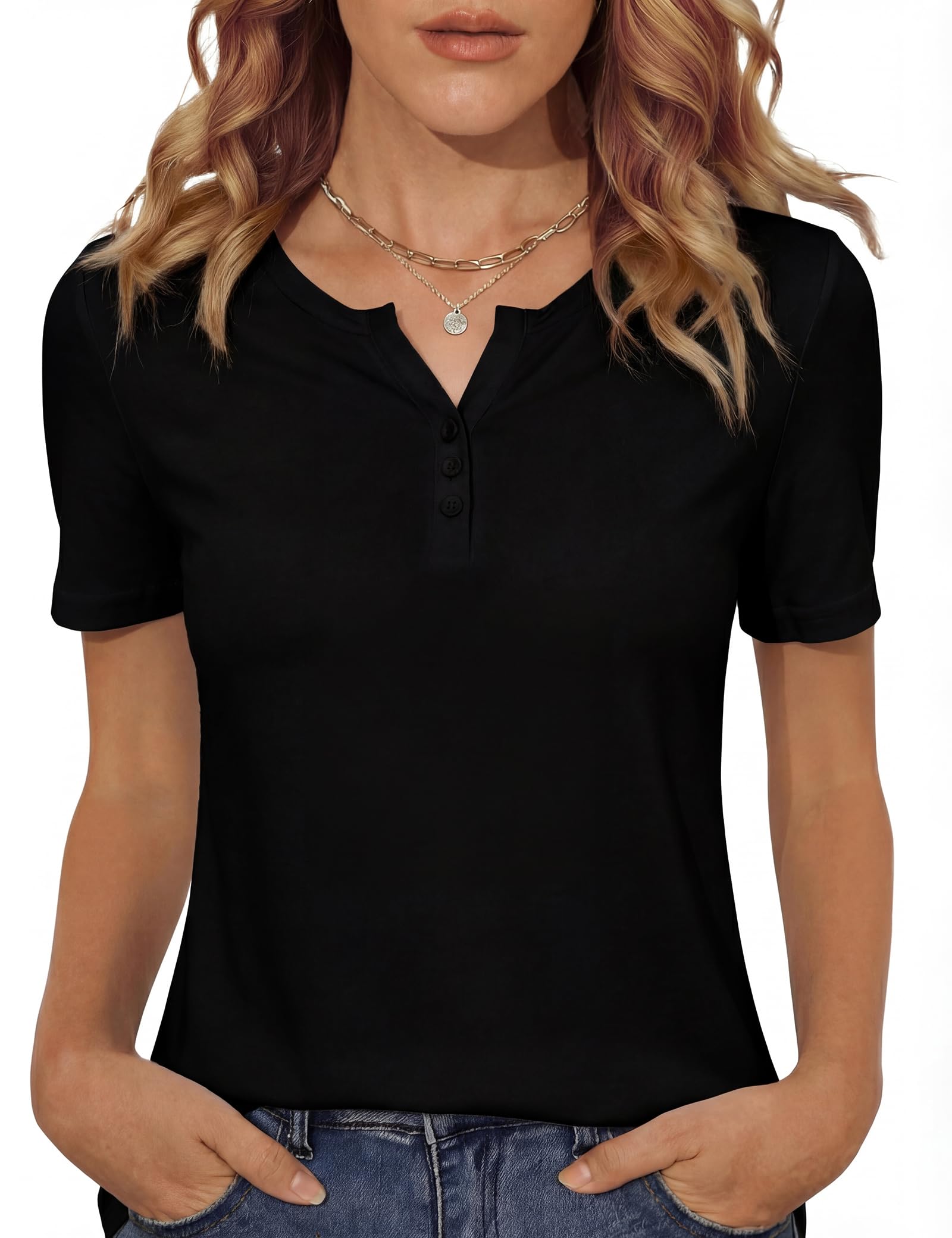 Totatuit Damen T-Shirt Kurzarm Sommer Henley mit Knopfleiste Basic Shirt V-Ausschnitt Einfarbig Oberteil Casual