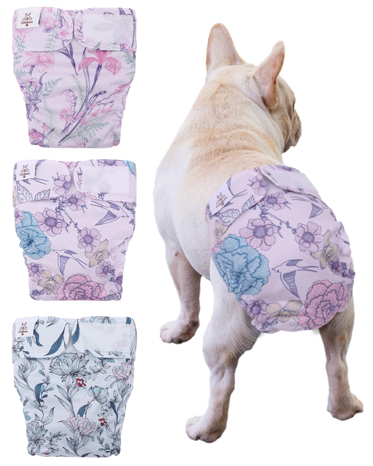 CuteBone Washable Dog Diapers Female No Tail Hole 3 Pack Reusable Doggie Period Training Pants for Docked-Tail Frenchie French Bulldog Boston Terrier