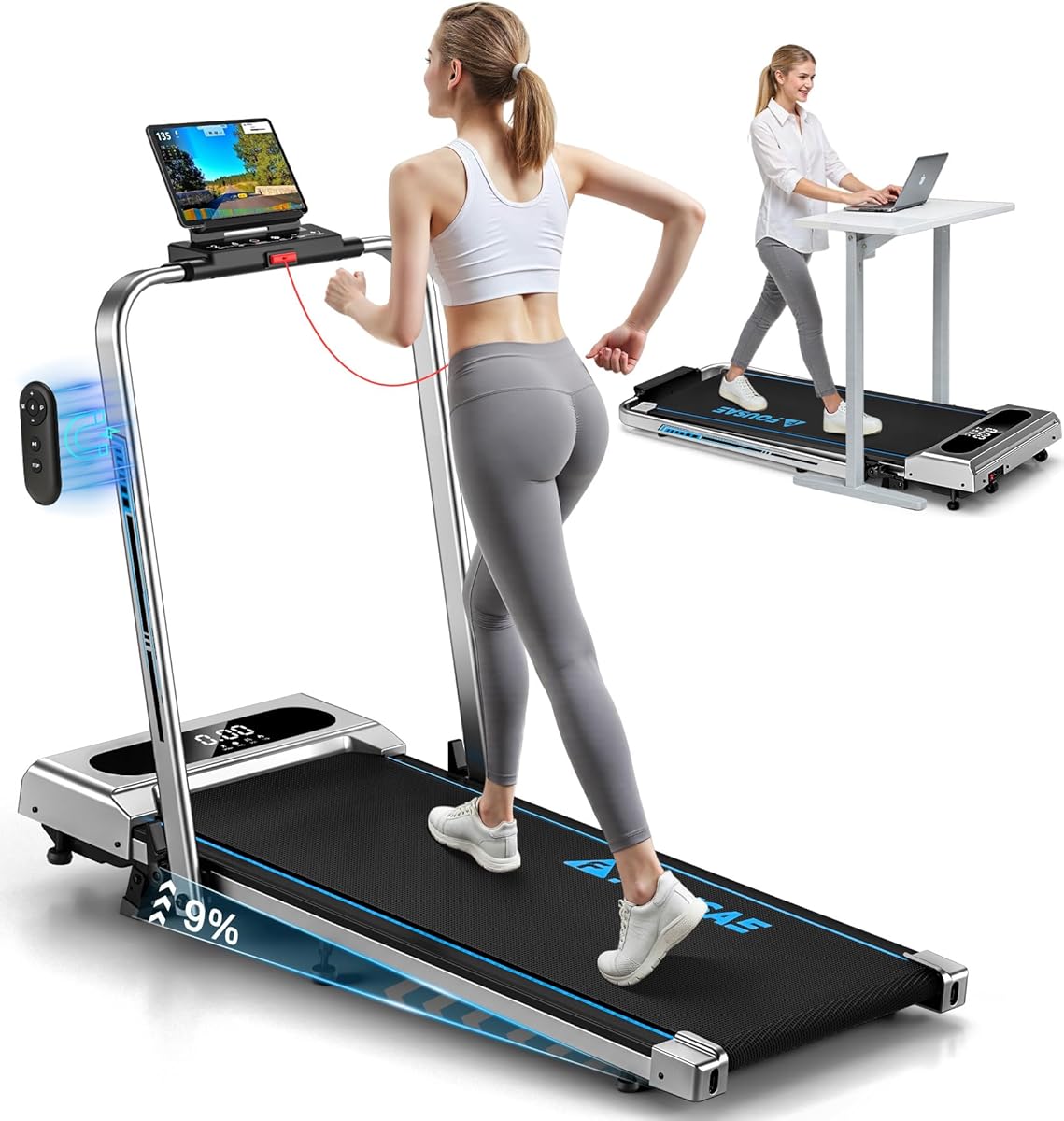 Tapis de Course, FOUSAE Tapis de Marche Pliable avec 12 Programmes HIIT Prédéfinis, Inclinable 9%, 12 KM/H, Moteur Silencieux 2,75 CV, APP & Télécommande, Charge Max 158kg pour Maison & Bureau