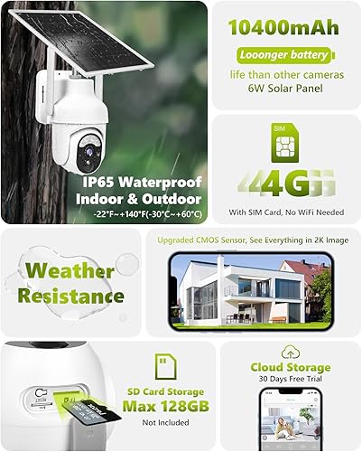 Miniatura 2 de Cámaras de seguridad celular 4G LTE inalámbricas al aire libre con tarjeta SIM sin WiFi 2K 360 View Cámaras solares con batería para seguridad en el