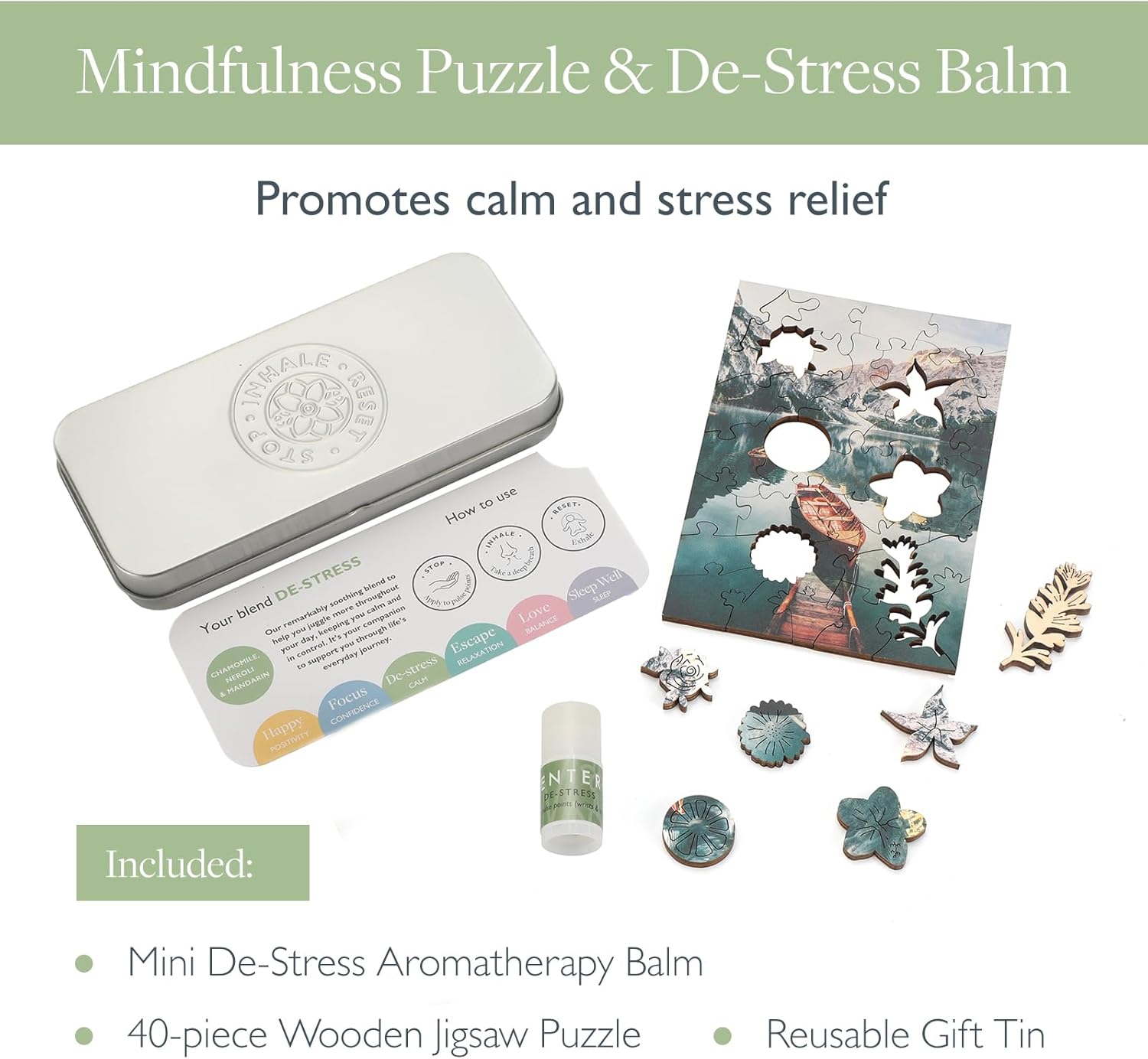 Scentered Wooden Jigsaw Puzzle & Aromatherapy Gift Set - Mindfulness Activity Puzzle for Stress Relief - Calm Jigsaw Puzzles - De-Stress: Calming Essential Oils Blend - Travel Size