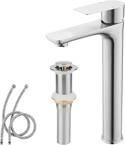 TONNY Grifo de lavabo de baño de níquel cepillado, grifo de baño alto de acero inoxidable para fregadero de buque de un agujero, grifo de tocador de