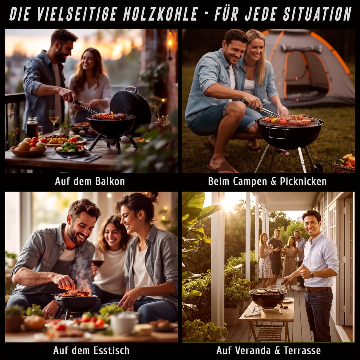 Tischgrill-Holzkohle 1kg x 6 (6 KG) – 6kg Holzkohle mit Anzündbeschichtung – extra kleine Körnung 20–50mm – sofort einsatzbereit, raucharm, ideal für unterwegs, ideal für Lotus Grill, Balkon