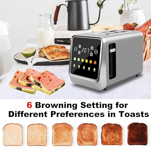 Miniatura 4 de Tostadora de pantalla táctil de 2 rebanadas, tostadoras de bagel con pantalla LCD, tostadoras digitales inteligentes de acero inoxidable con tostada