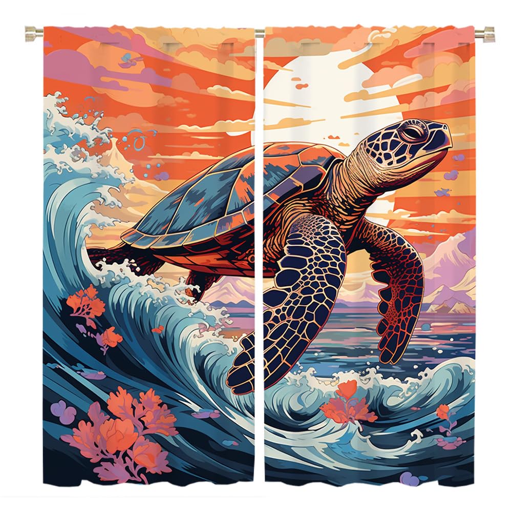 Brebasf Japanese Oil Painting Sea Turtle Blackout Curtain Watercolor Undersea Ocean Animal Waves Cartoon Turtle Rod Pocket Window Thermal Insulating