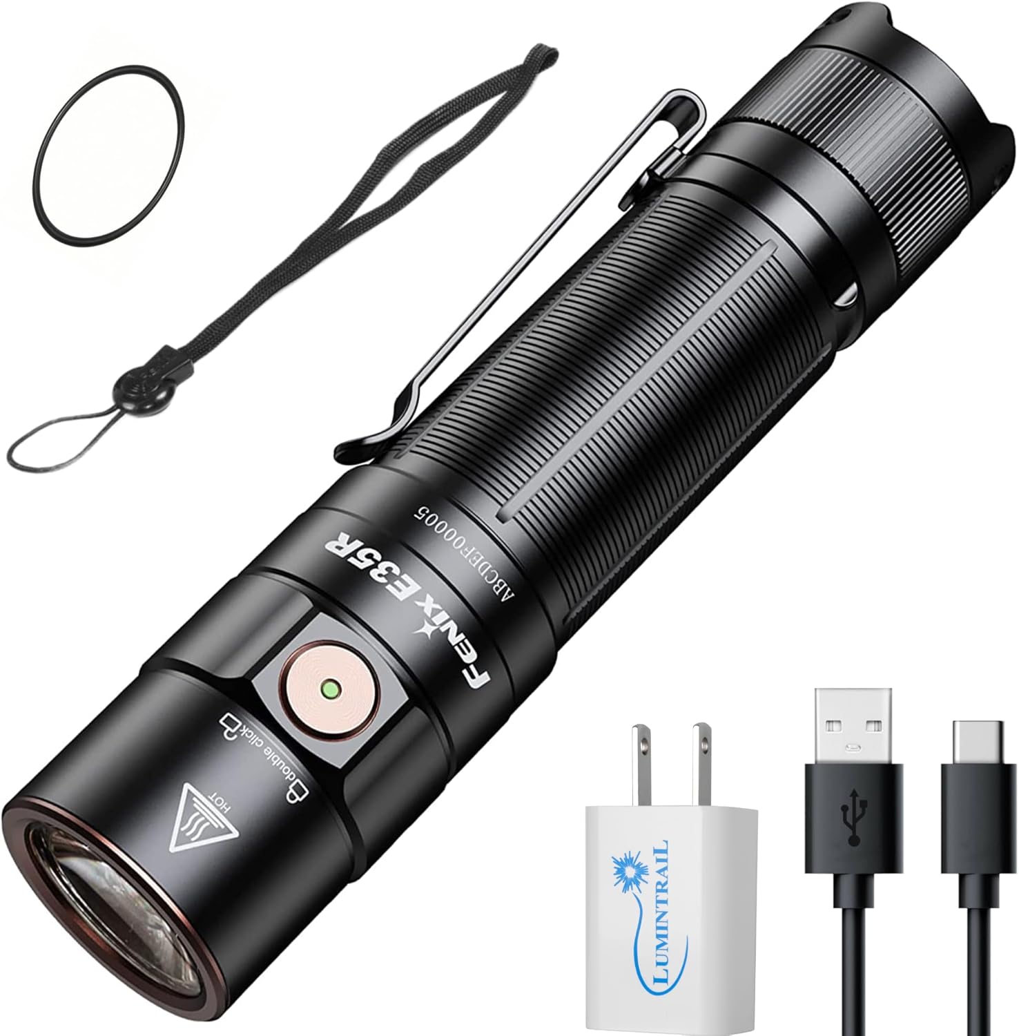 Fenix E35R EDC Flashlight, 3100 Lumens USB Rechargeable LED Flashlight with 5100 mAh Battery, 6 Lighting Modes, with a Lumintrail Wall Plug, Black