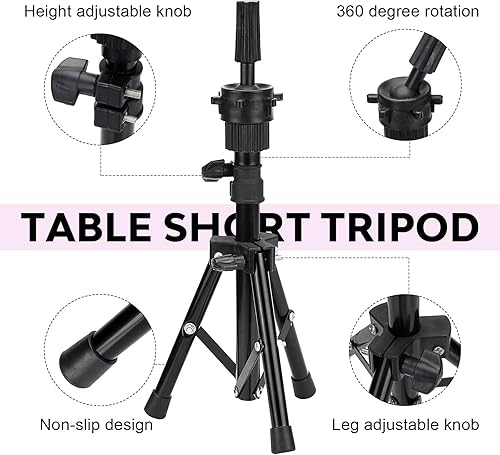 Miniatura 5 de Cabeza de peluca de lona de 23 pulgadas, trípode con cabeza, cabeza de maniquí para pelucas con gorras de peluca, juego de pines en T, cepillo de
