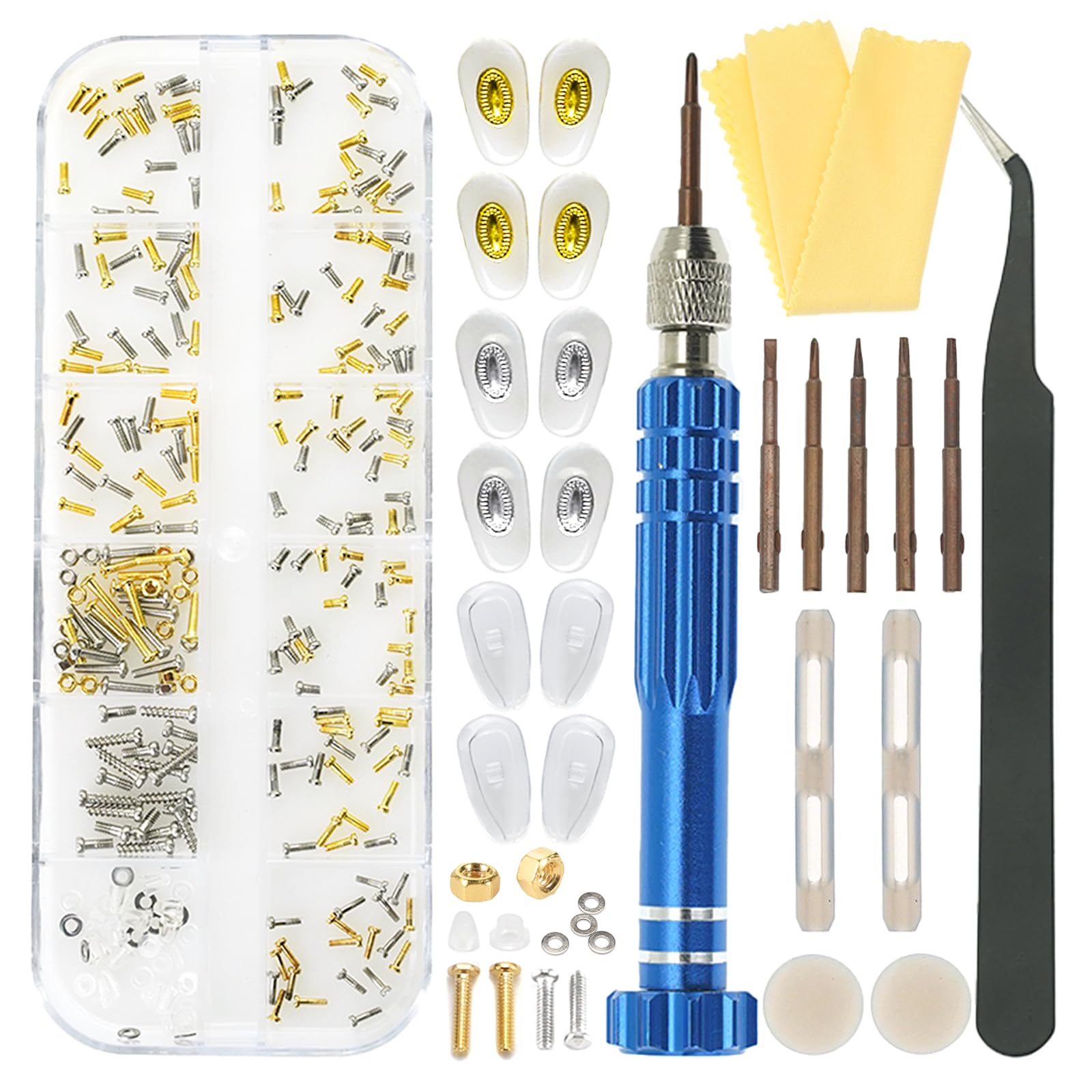 ESSSO Eye Glass Repairing Kit,Upgraded Eyeglass Repair Kit with Screws(Gold and Silver)，5-in-1 Eyeglass Screwdriver,Eyeglass Nose Pads,Eyeglass Ear
