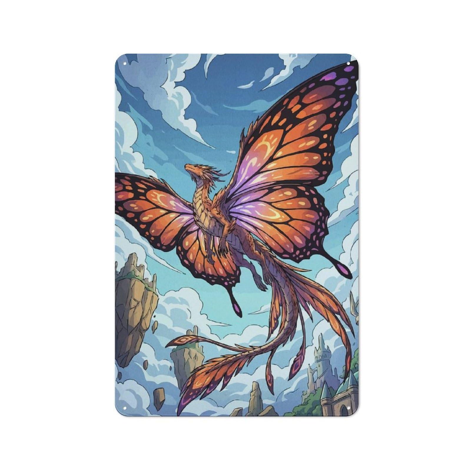 Junmoney Style Classic Butterfly-Winged Dragon Soaring Through The Sky Metal Gift Sign 30X20cm, Small Space Decor For Home, Shop, Pub Or Studio Wall