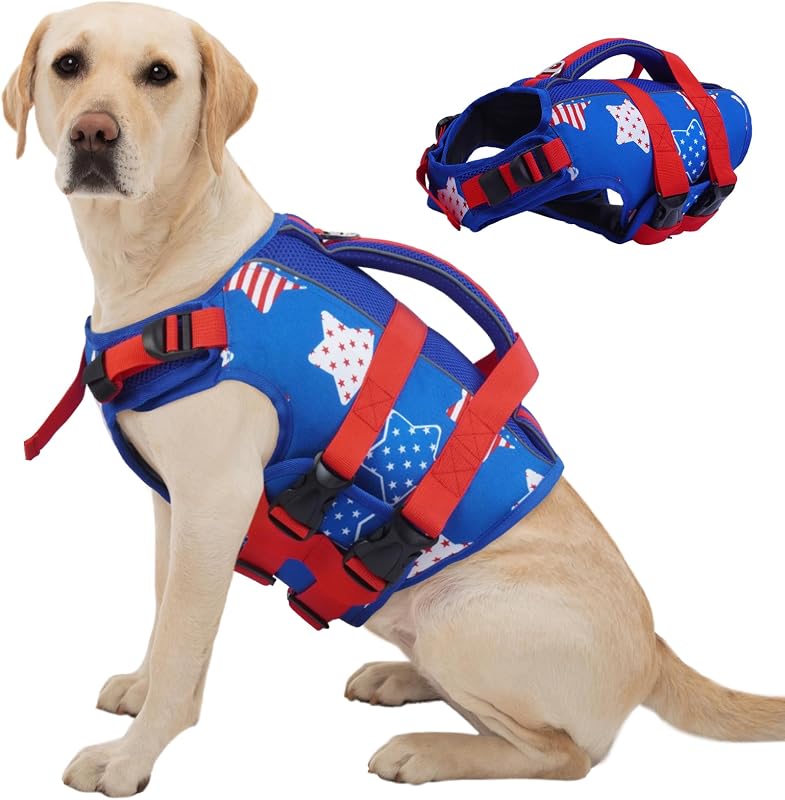 Colete Salva-Vidas para Cães Kuoser com Alta Flutuação, Faixa Refletiva e Alça de Resgate, Estampa de Bandeira Americana, Tamanho XL