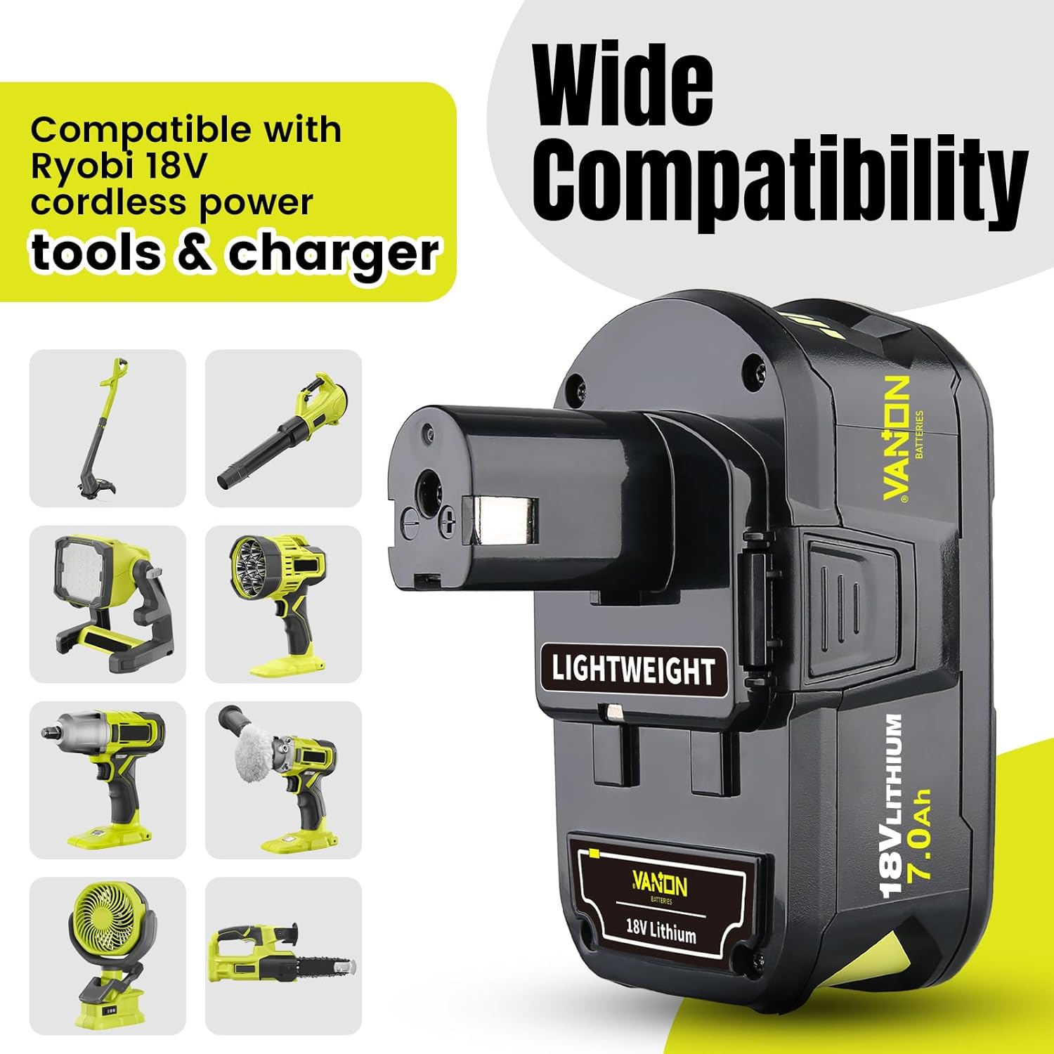 VANON 7.0Ah High Capacity Replacement 18V Battery for Ryobi Lithium ONE+ Compatible with Ryobi 18V Battery P108 P107 P103 P102 P104 P105 P109 P122 Drill Power Tools 2 Packs