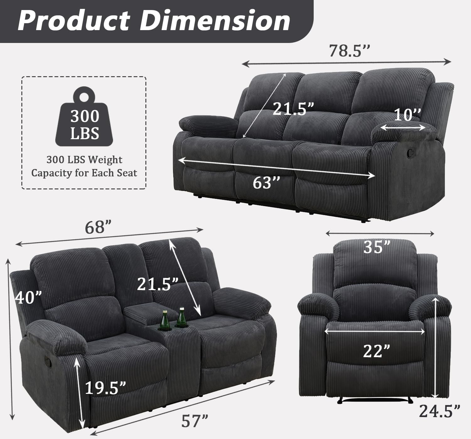 Manual Recliner Sectional Sofa Set for Reclining Living Room Furniture Sets, L-Shaped Reclining Couch, Corduroy Sofa with Cup Holders/Storage for Homes/Office(Dark Grey, Sofa+Loveseat+Chair)