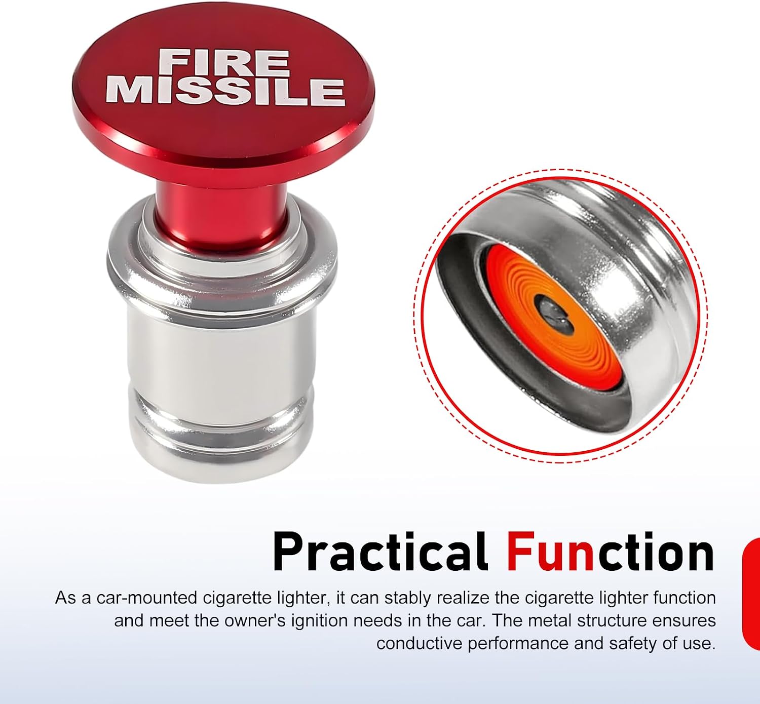 Fire Missile Button Car Cigarette Lighter, Pop-Out Auto Cigarette Lighter Replacement, Aluminum Car Lighter, Universal for Most Vehicles (Red)