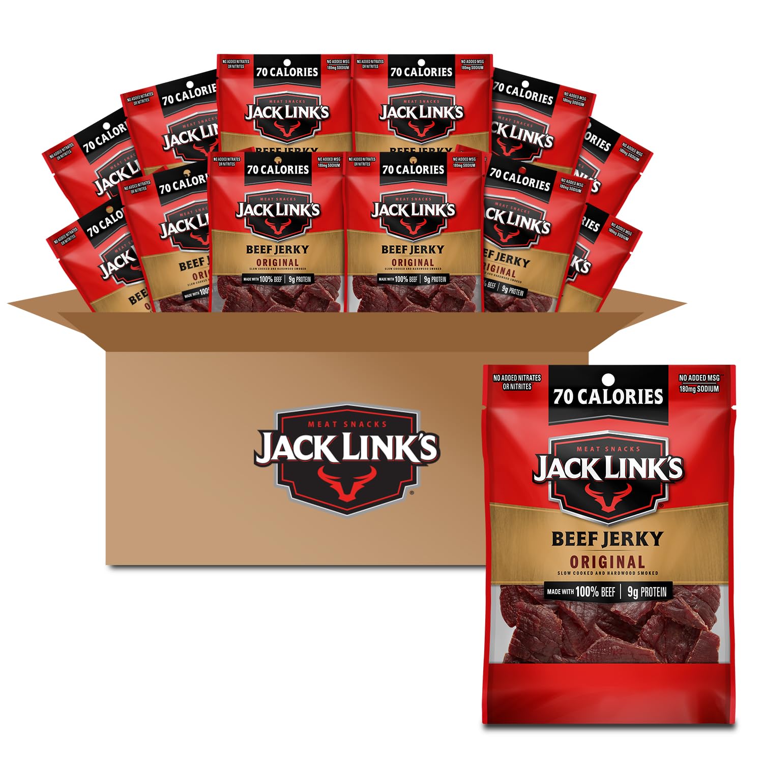 Jack Link's Beef Jerky, Original, Multipack Bags – Flavorful Meat Snacks for School, Ready to Eat Protein Snacks, Individual Packs - 9g of Protein, Made with 100% Beef – 0.85 oz (Pack of 48)