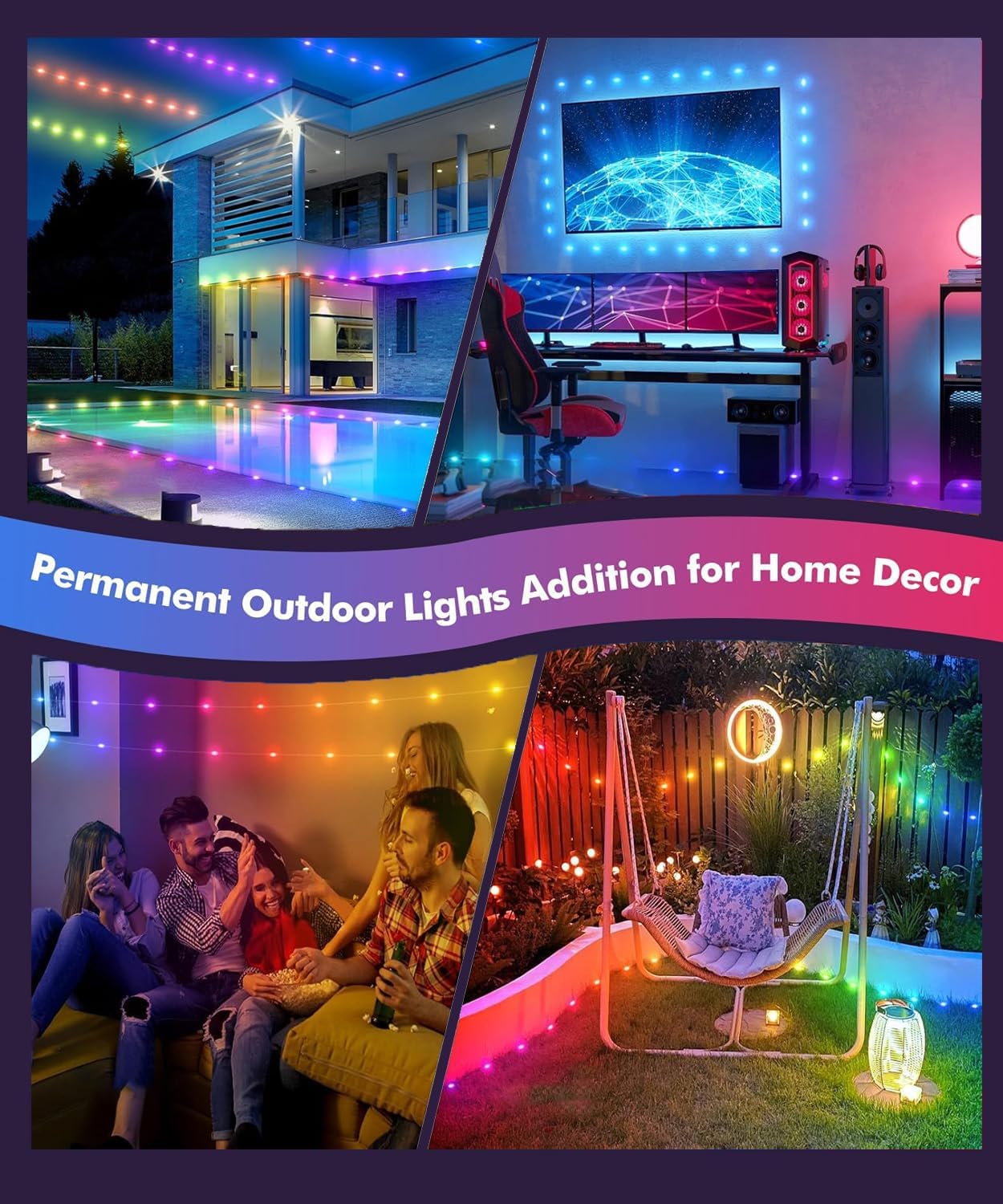 Permanent Outdoor Lights for House, 300ft Smart RGB Eaves Lights App Control Remote, DIY IP67 Waterproof Under Eave Lighting, Outside led Lights for House,Party,Christmas Decorations