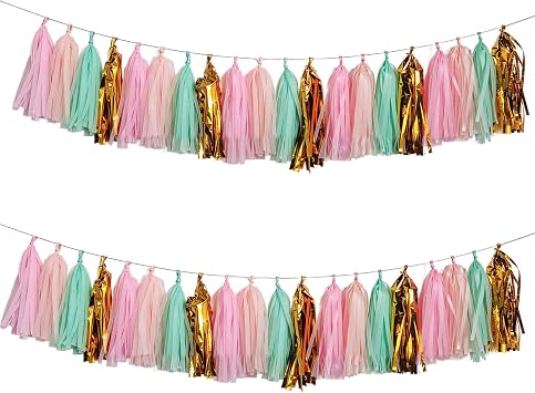Shiny Tassel Garland Tissue Paper Tassel Banner,Tassels Party Decorations for Wedding,Birthday,Bridal/Baby Shower,Pack of 20 Gold/Mint/Peach/Pink