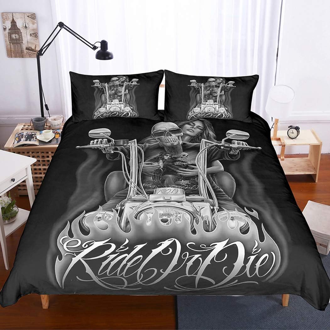 Halloween Bedding Sets King Beauty Kiss Skull Motorcycle Duvet Cover Quilt Cover Pillowcase Bed Set Bohemian Print Black 3 Piece Bedclothes Queen Size Bed Line (#1,King / 229 * 259cm)