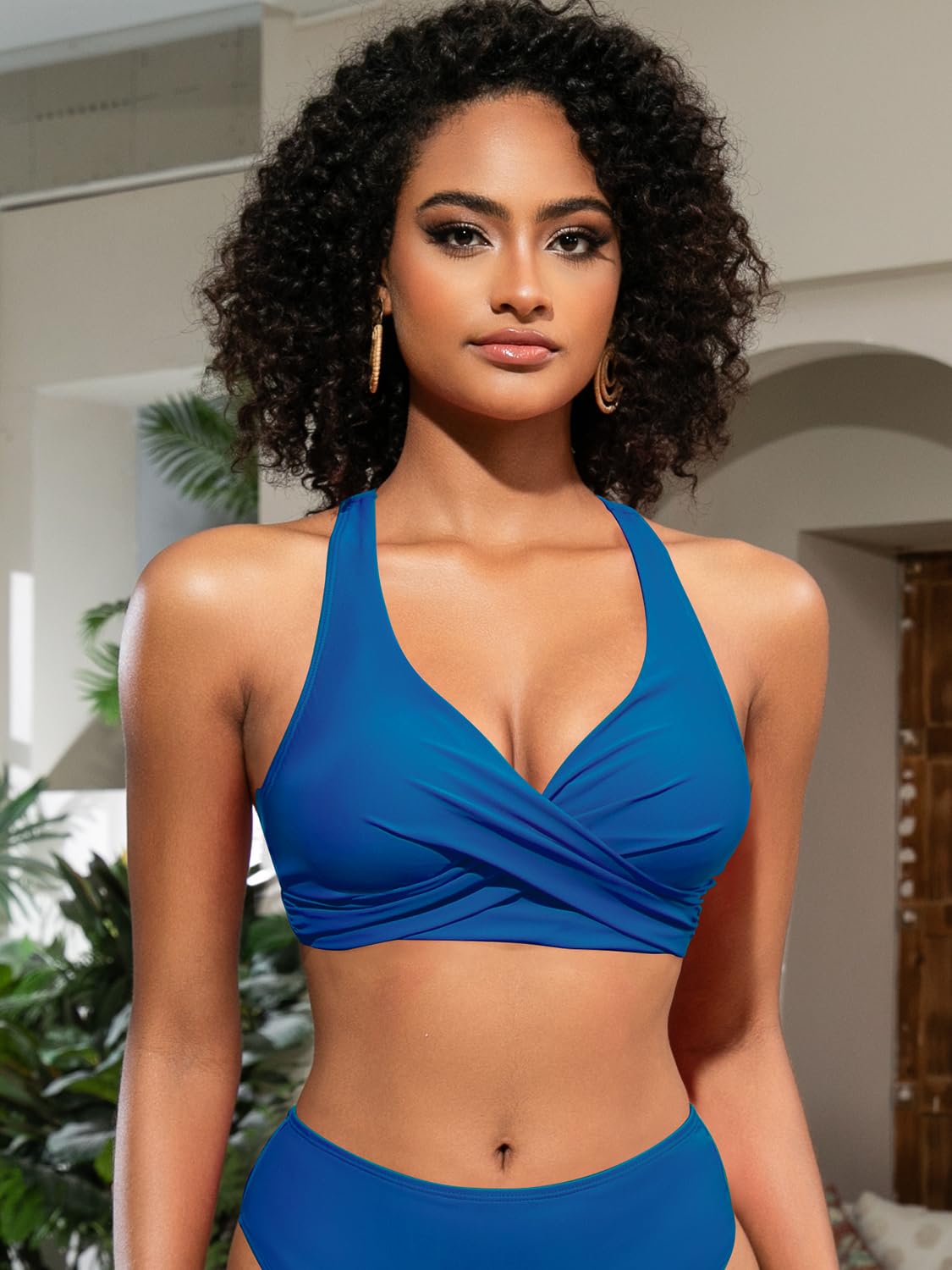 SHEKINI Top Bikini da Donna con Pieghe Incrociate Aperto sul Retro Push Up Regolabile con Scollo a V Abbigliamento da Spiaggia