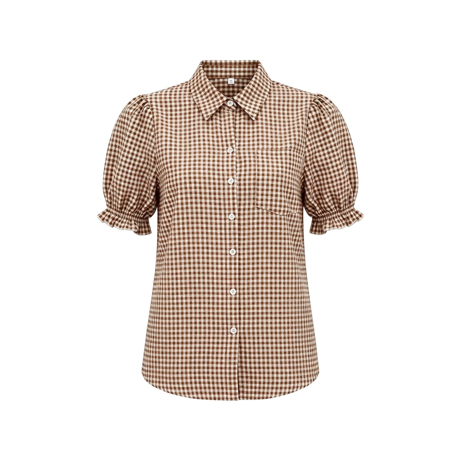Trachtenbluse Damen Kurzarm Rot Weiß Karierte Bluse mit Knopfleiste Revers Puffärmel Kariertes Trachtenblusen für Oktoberfest Damen Outfit Moderen Bayerisches Trachten Oberteil Karohemd