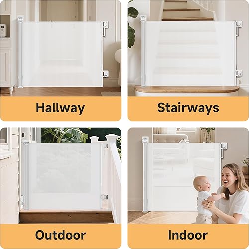 Miniatura 6 de Puerta retráctil para bebés, puerta de seguridad de malla de 55 pulgadas de ancho x 34 pulgadas de alto para perros y bebés, uso en interiores y