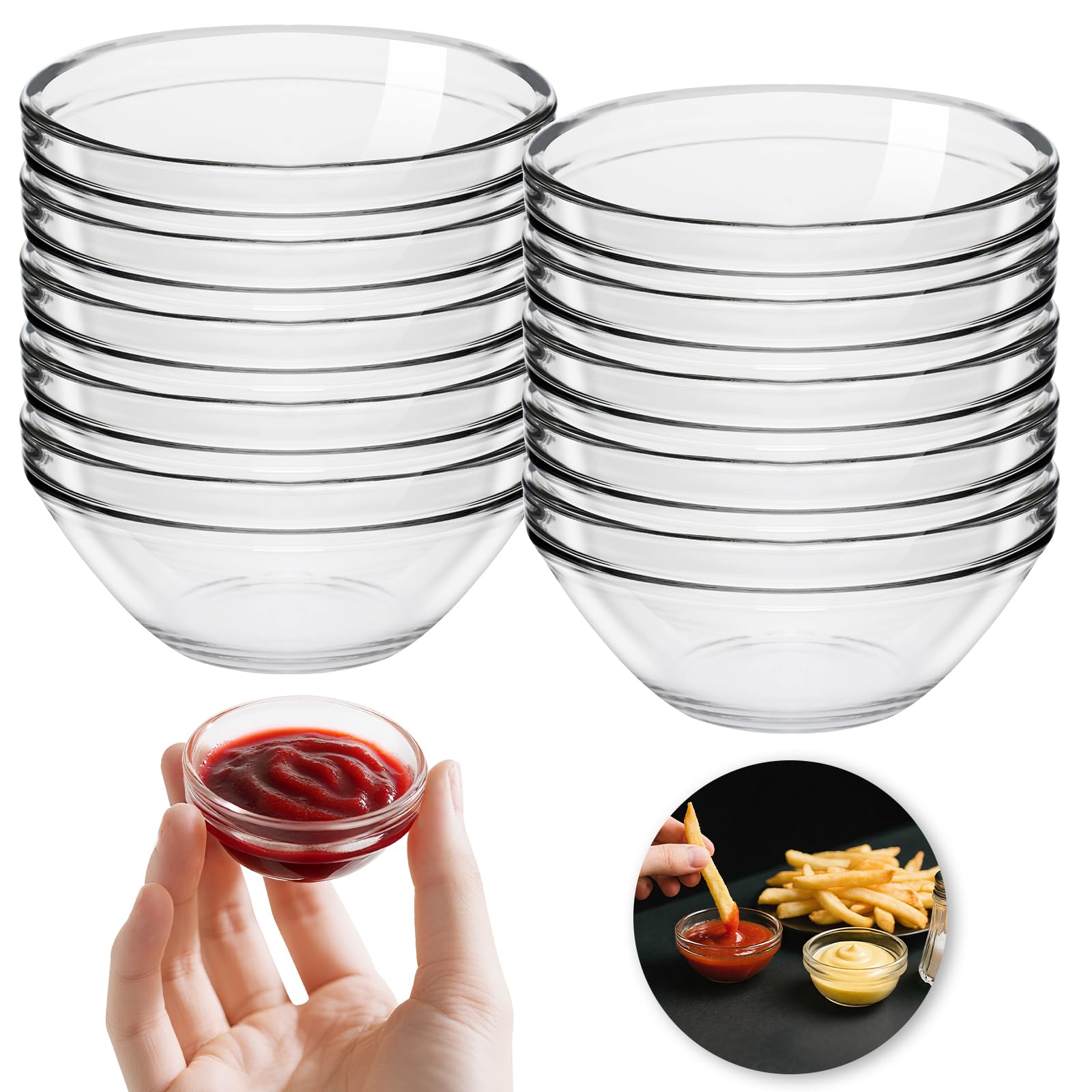 Ferenando 10 Pcs Mini Glass Bowls for Dips, 45ml Ø 2.4in Small Glass Bowls