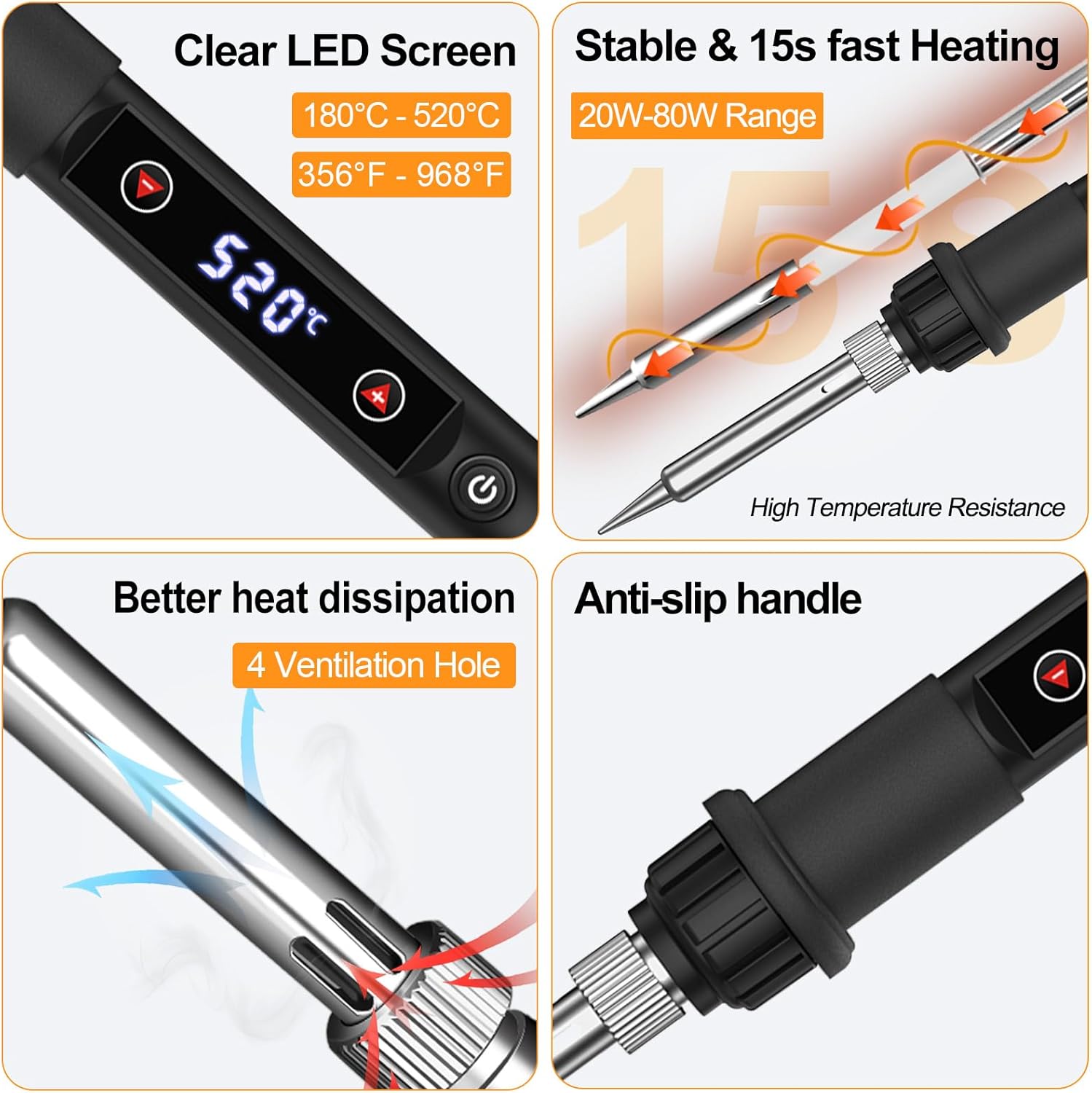 Soldering Iron Kit 80W LED Soldering Gun Adjustable Temp 356-968℉ 15s Fast Heating Electronics Welding Tools Precision Repair with Solder Wire, 5 Soldering Tips, Desoldering Pump, Stand, Tweezers